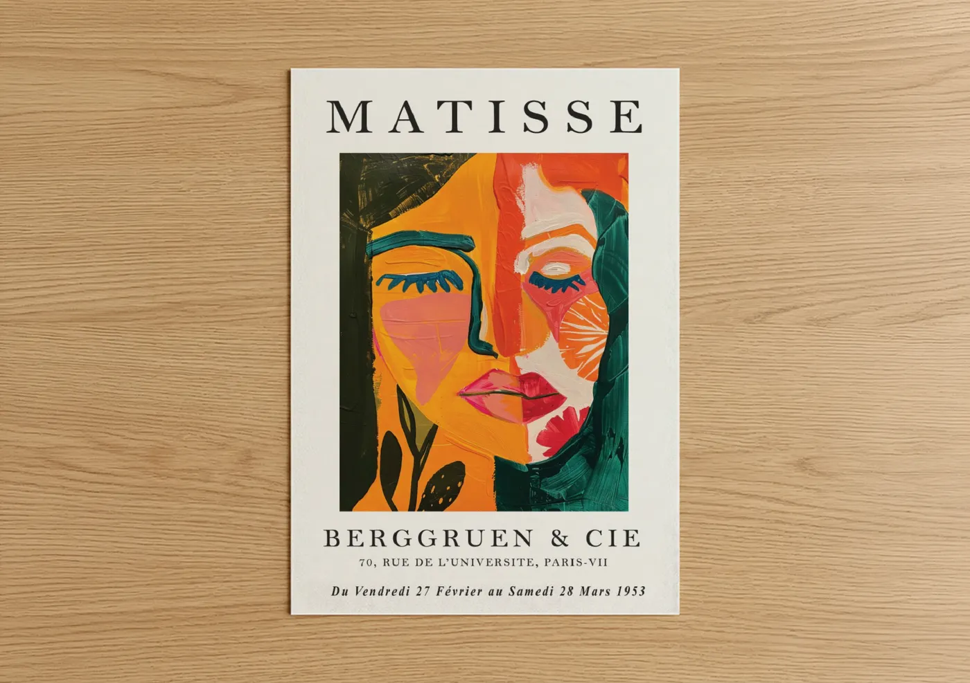 Fashion illustration art print on warm oak wood — orange and red palette — Matisse Fauve Portrait poster
