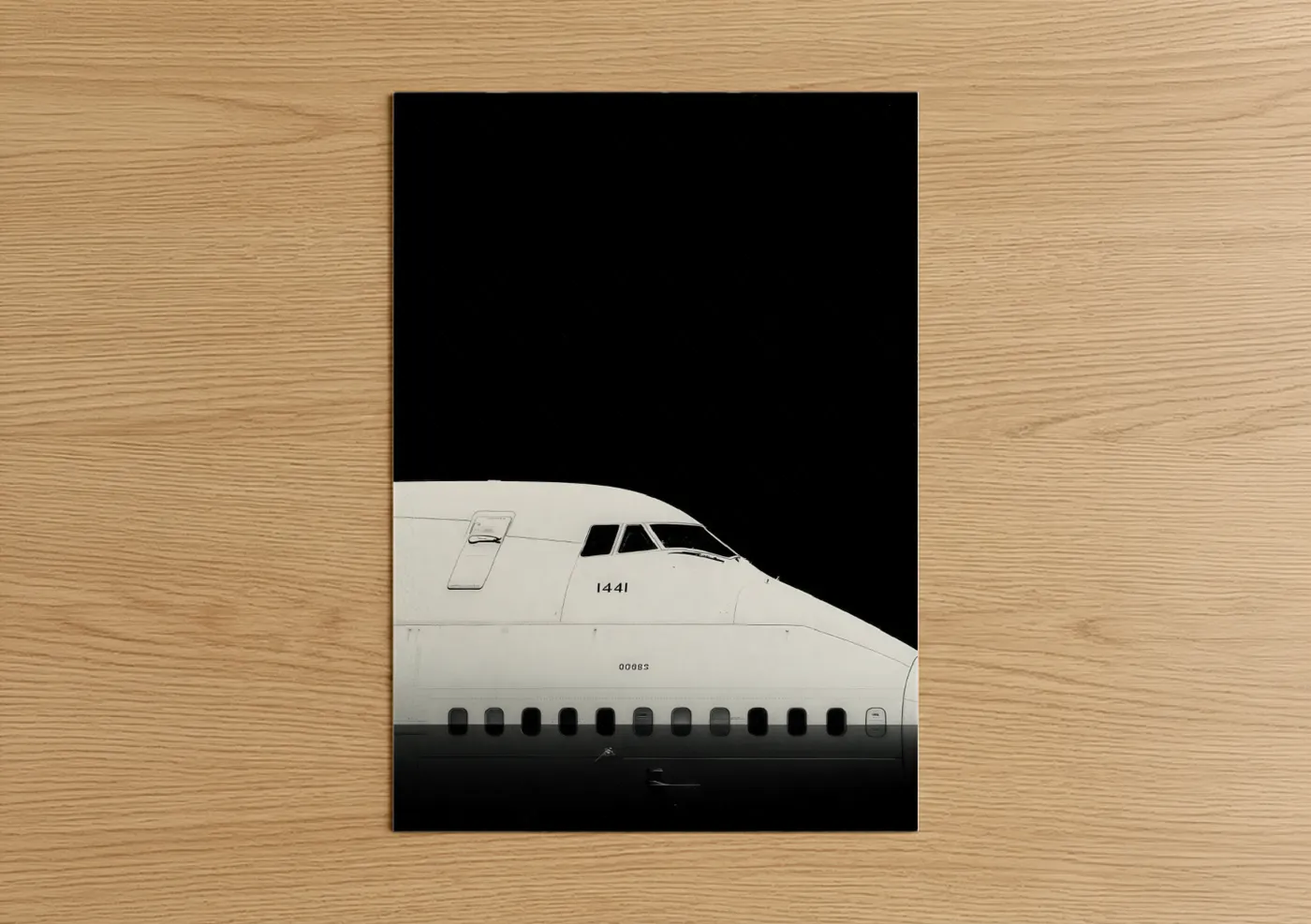 Commercial plane art print on warm oak wood — black and white palette — Minimalist Airliner poster