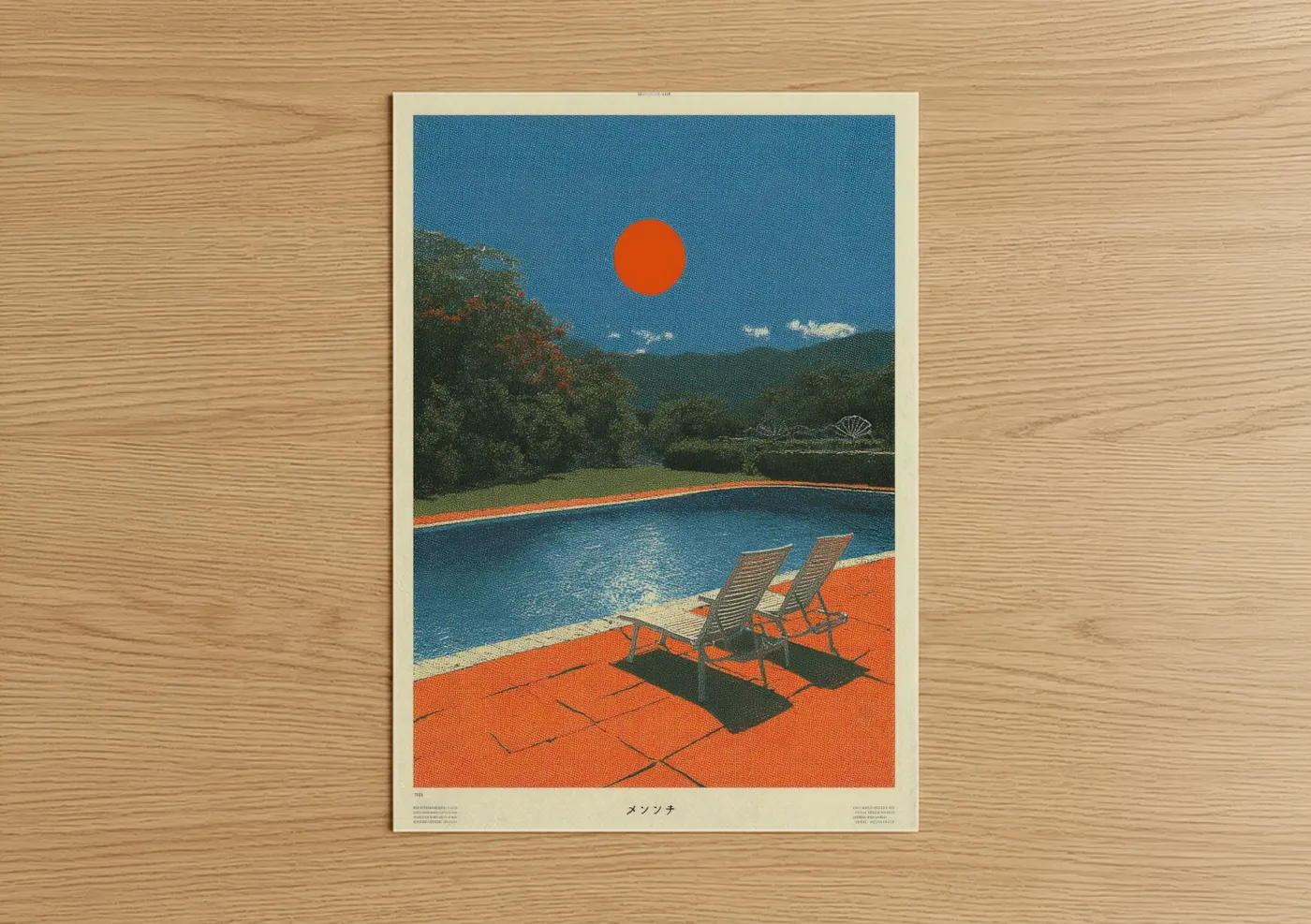 Japanese y2k art print on warm oak wood — orange and blue palette — Poolside Sunset poster