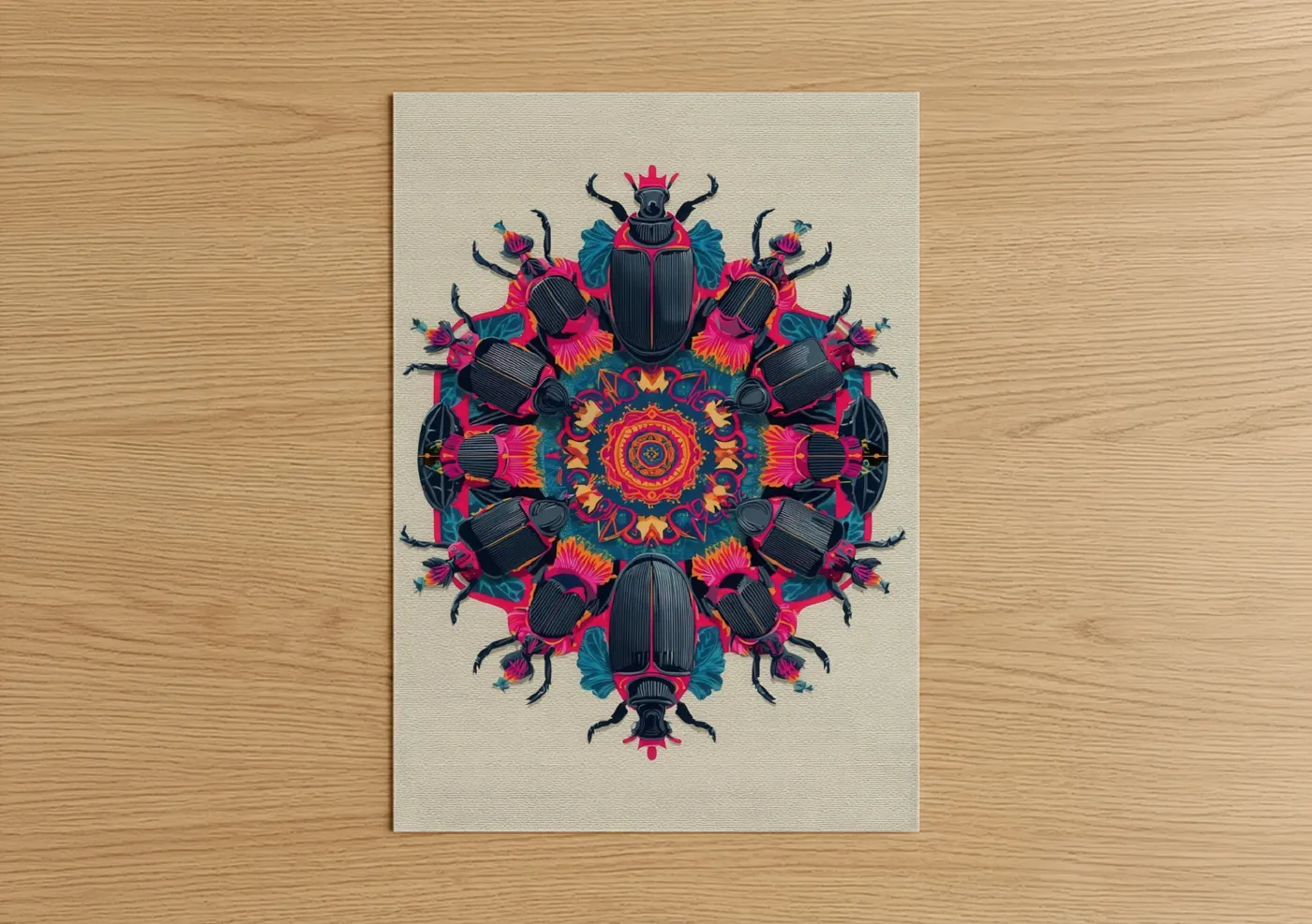 Magenta Beetle Mandala Symmetrical Wall Art