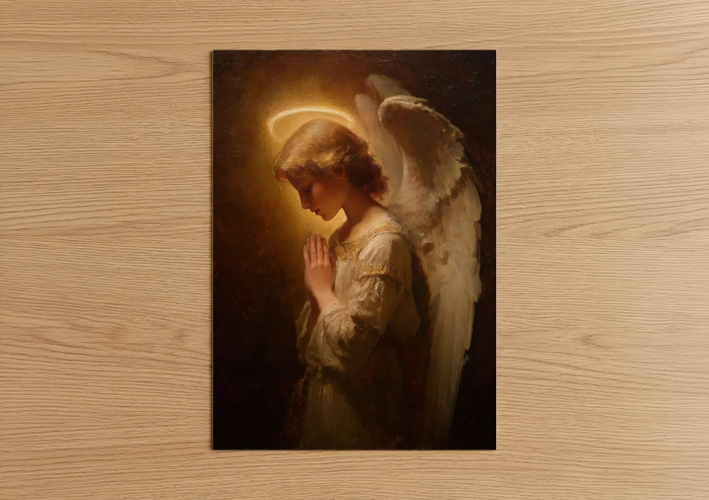 Christian symbols art print on warm oak wood — gold and cream palette — Praying Angel poster