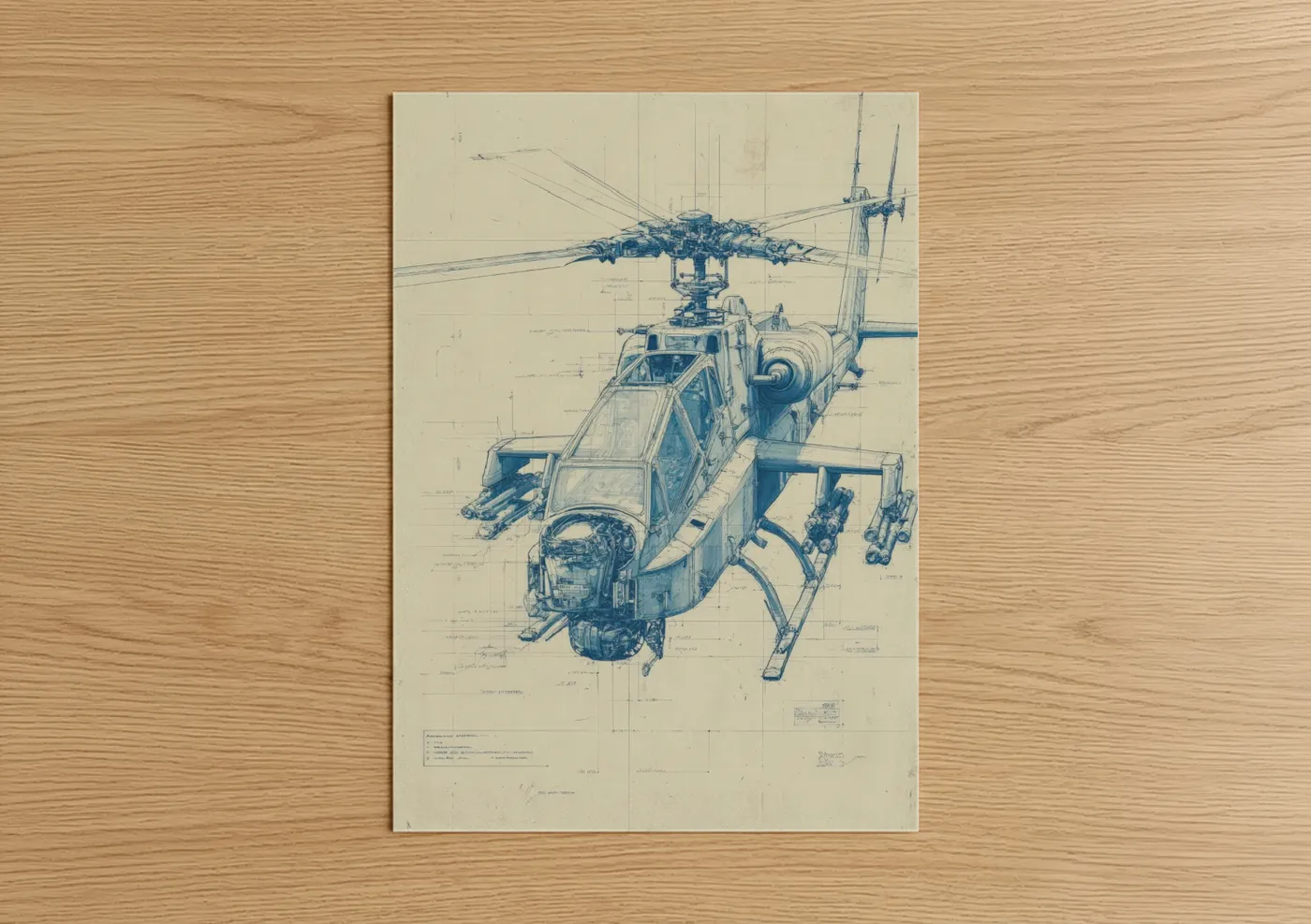 Military Helicopter Technical Blueprint Wall Art