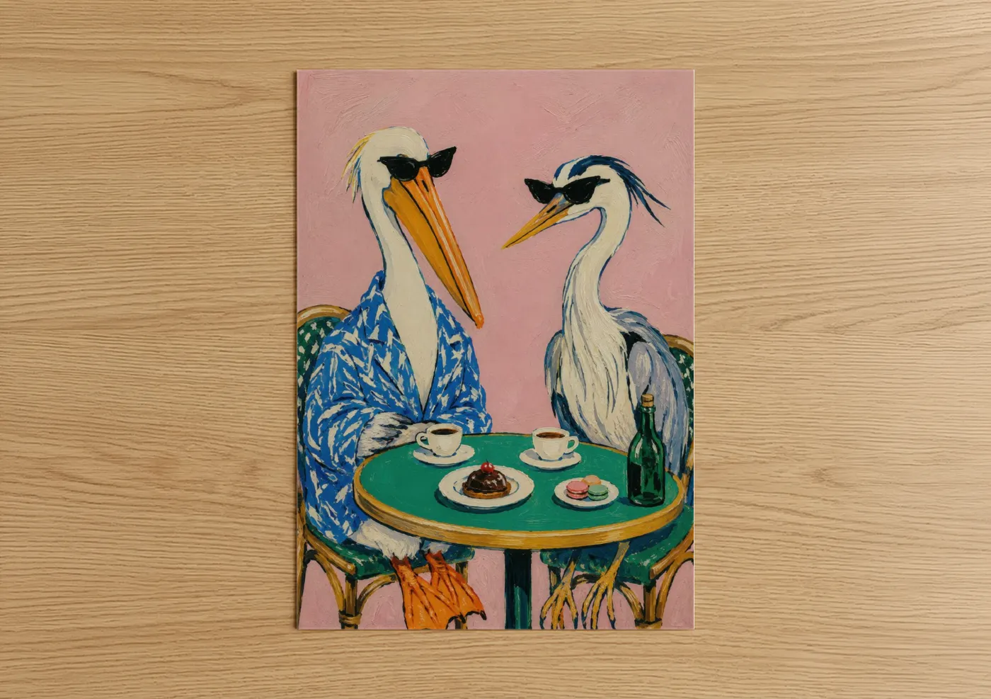 Art print on warm oak wood — pink and blue palette — Two Herons at Cafe Wall Art poster