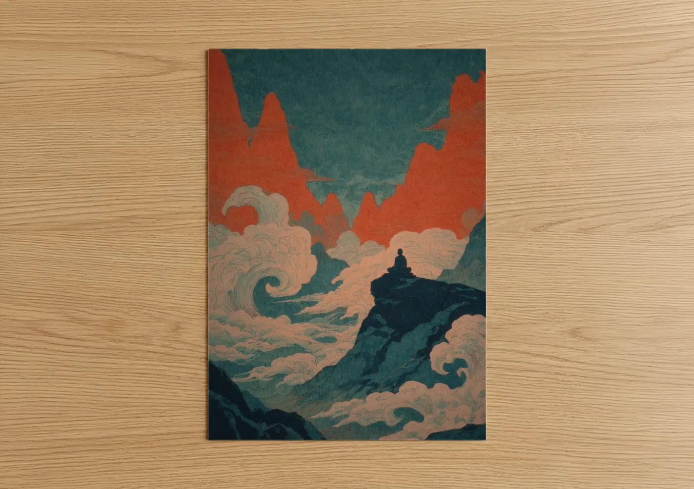 Yoga art print on warm oak wood — russet and teal palette — Mountain Meditation poster