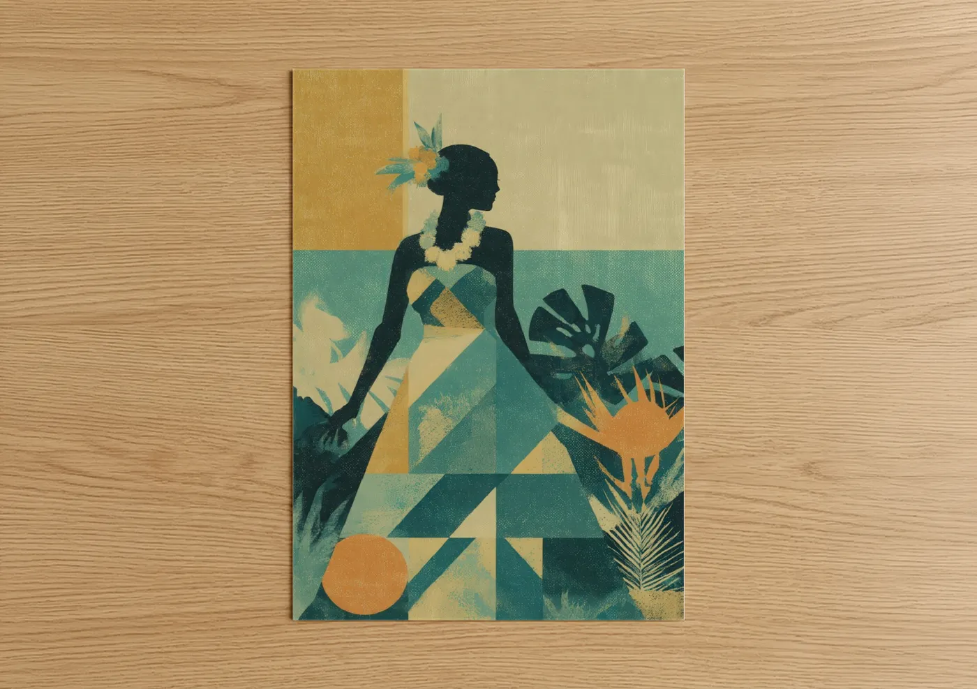 Art print on warm oak wood — gold and teal palette — Tropical Hula Dancer poster