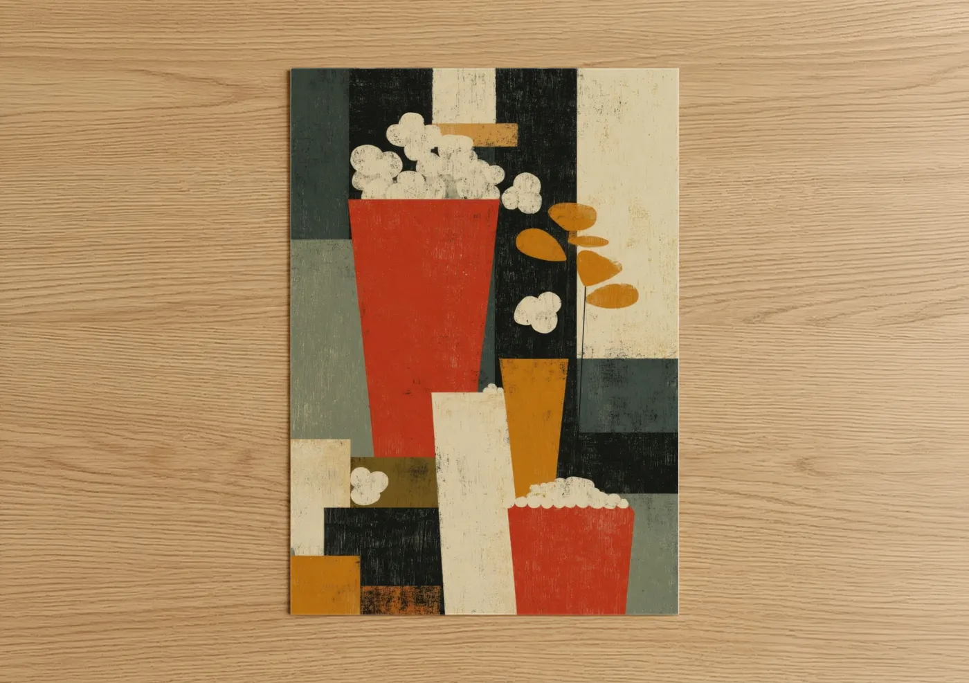 Art print on warm oak wood — red and gold palette — Retro Popcorn poster