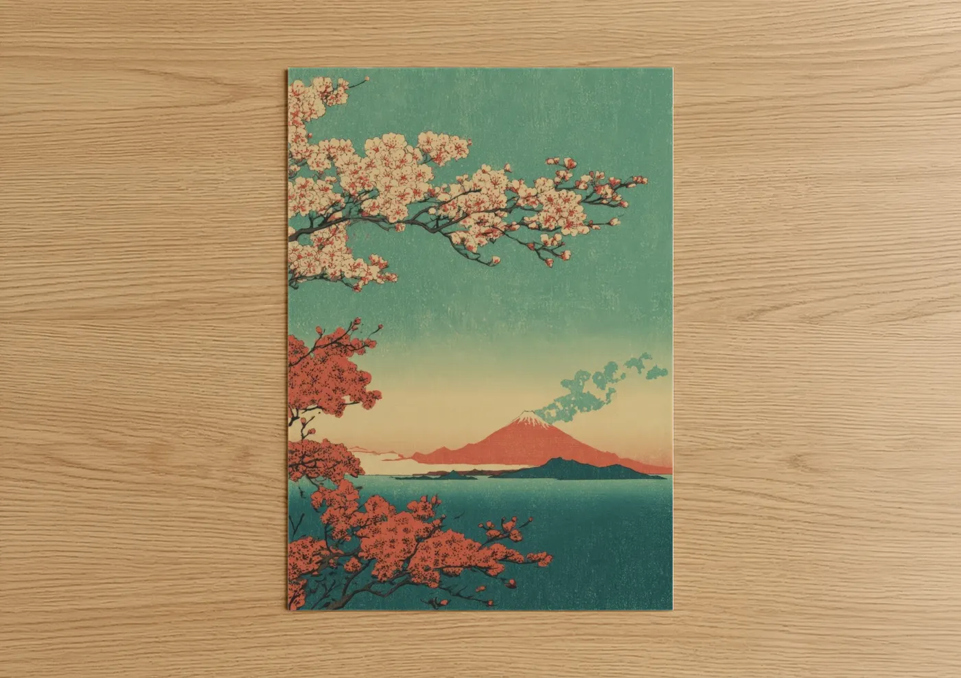 Art print on warm oak wood — teal and salmon pink palette — Cherry Blossom Volcano poster