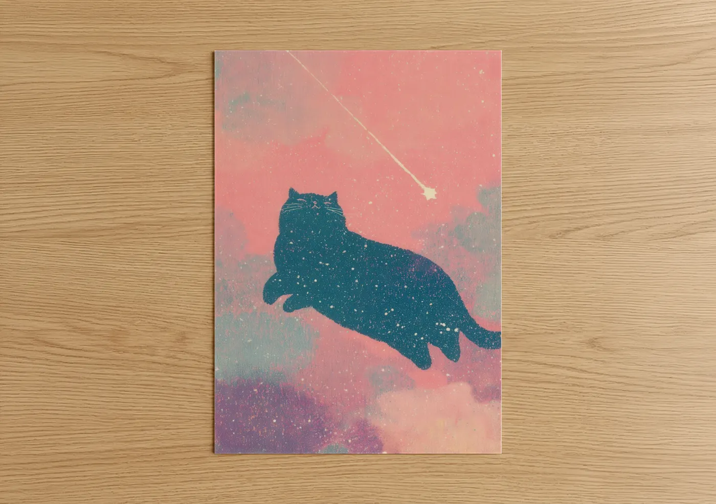 Space art print on warm oak wood — pink and teal palette — Cosmic Cat poster
