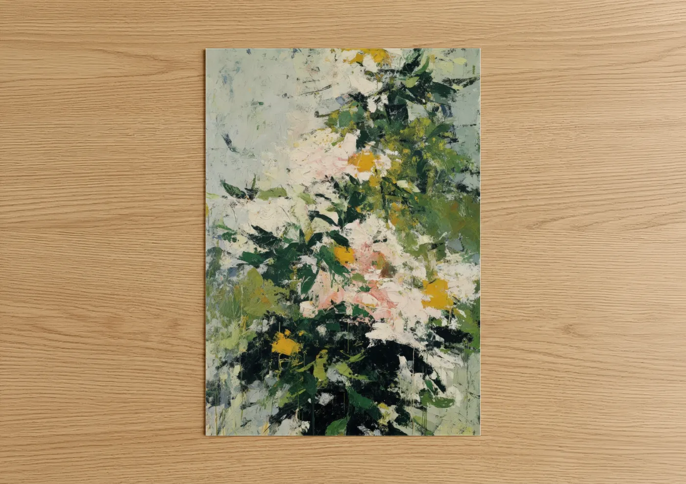 Fruit trees art print on warm oak wood — white and green palette — Abstract Orchard poster