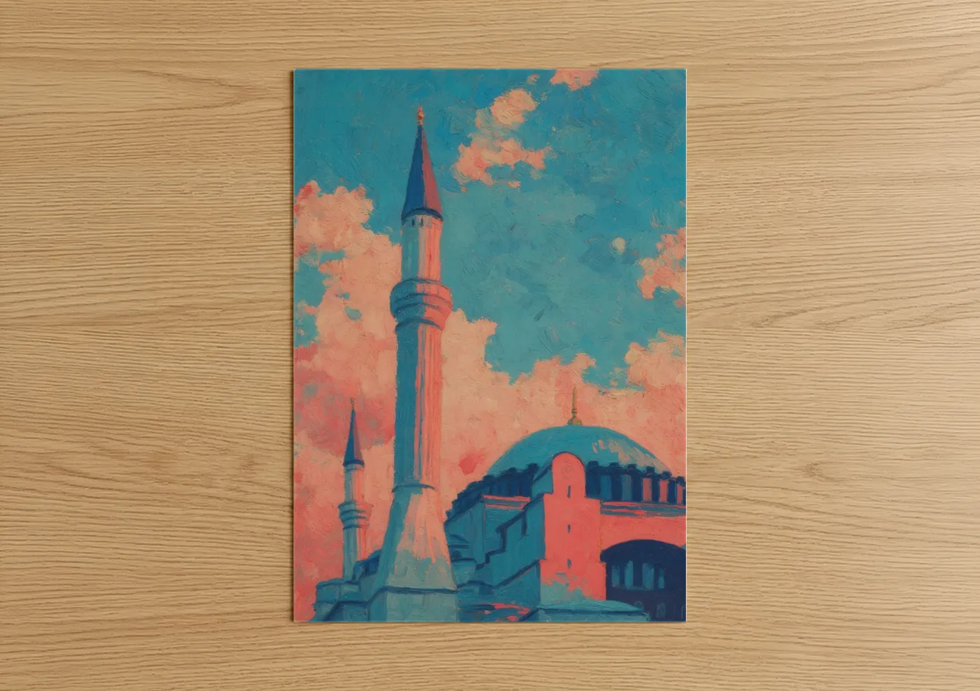 Hagia sofia art print on warm oak wood — teal and salmon pink palette — Hagia Sophia Sunset poster