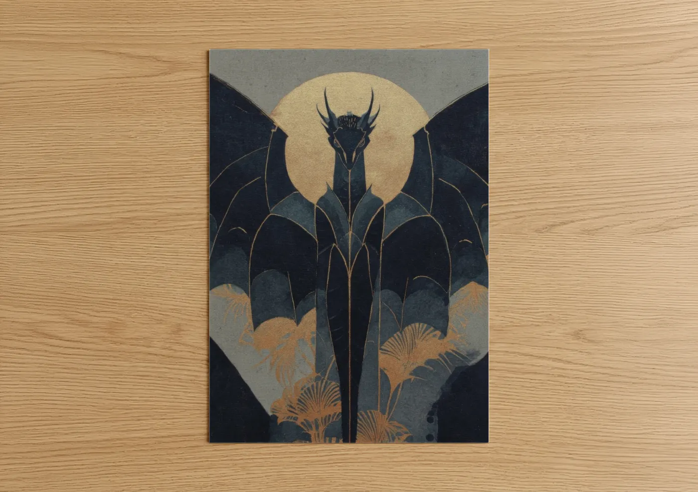Moonlit Dragon Art Deco Illustration Wall Art