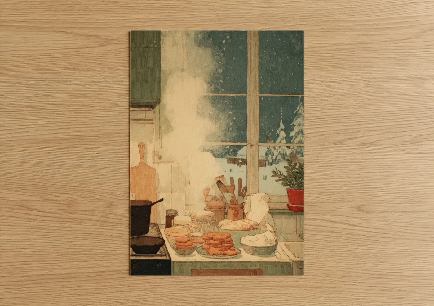 Art print on warm oak wood — cream and dark green palette — Cozy Christmas Kitchen poster