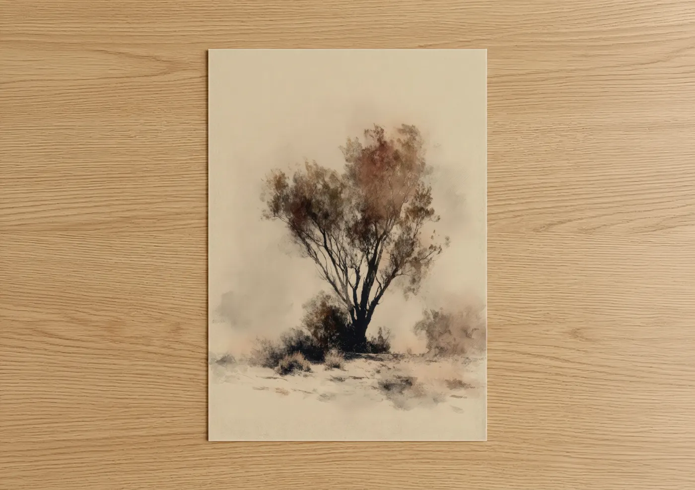 Savanna and desert trees art print on warm oak wood — beige and brown palette — Solitary Desert Tree poster