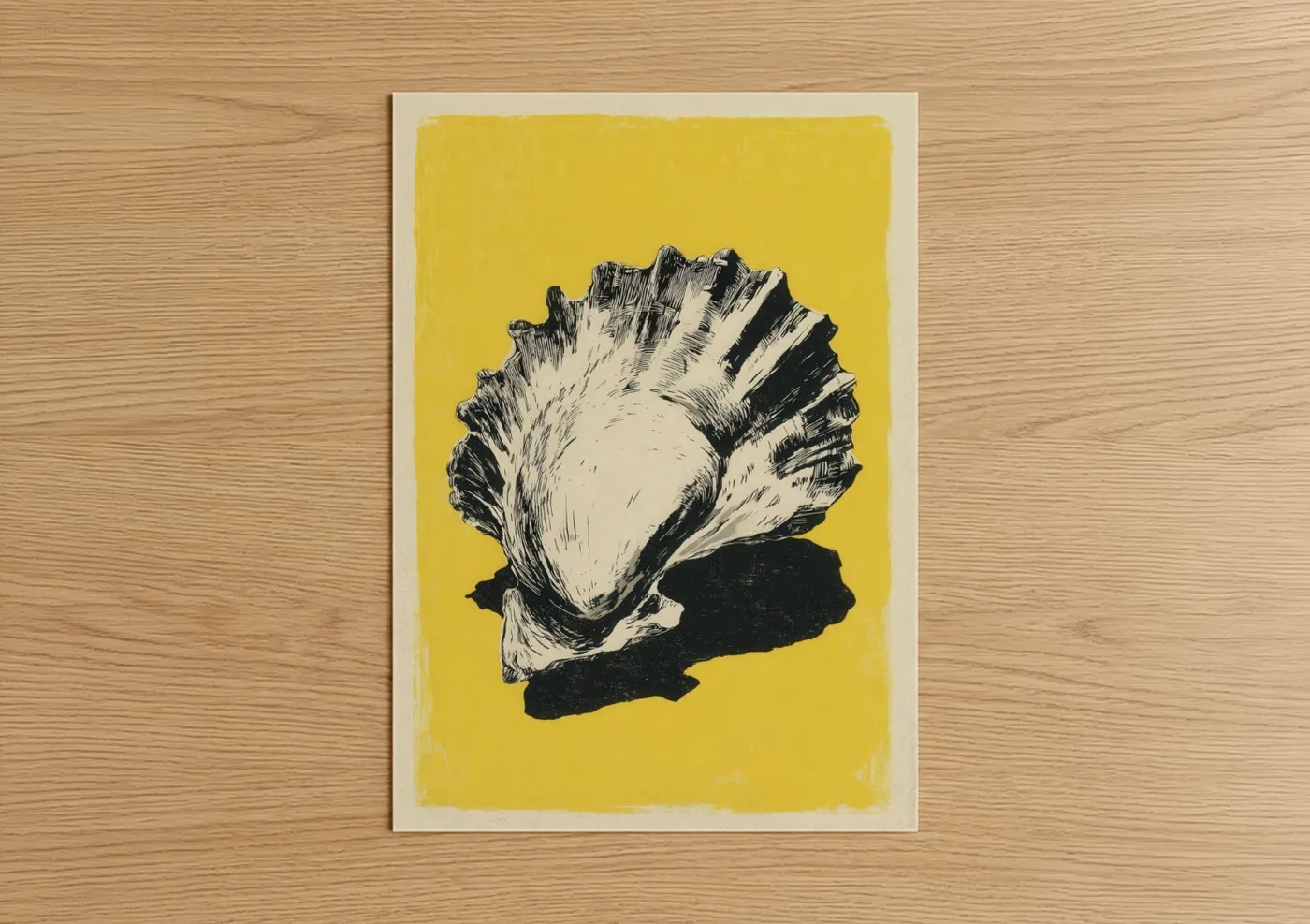 Art print on warm oak wood — yellow gold and black and white palette — Golden Oyster poster