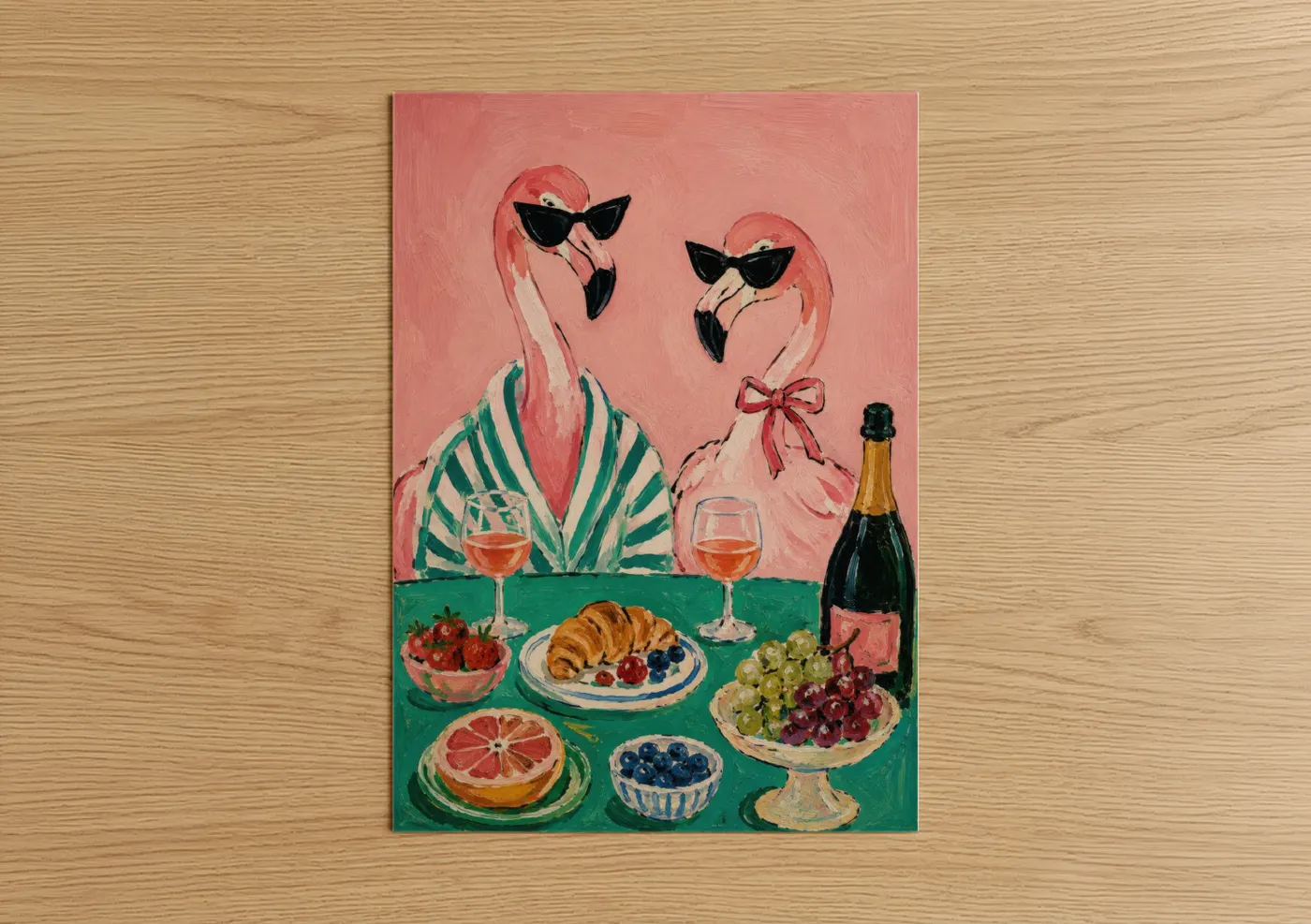 Art print on warm oak wood — pink and true green palette — Glamorous Flamingos Brunch Wall Art poster
