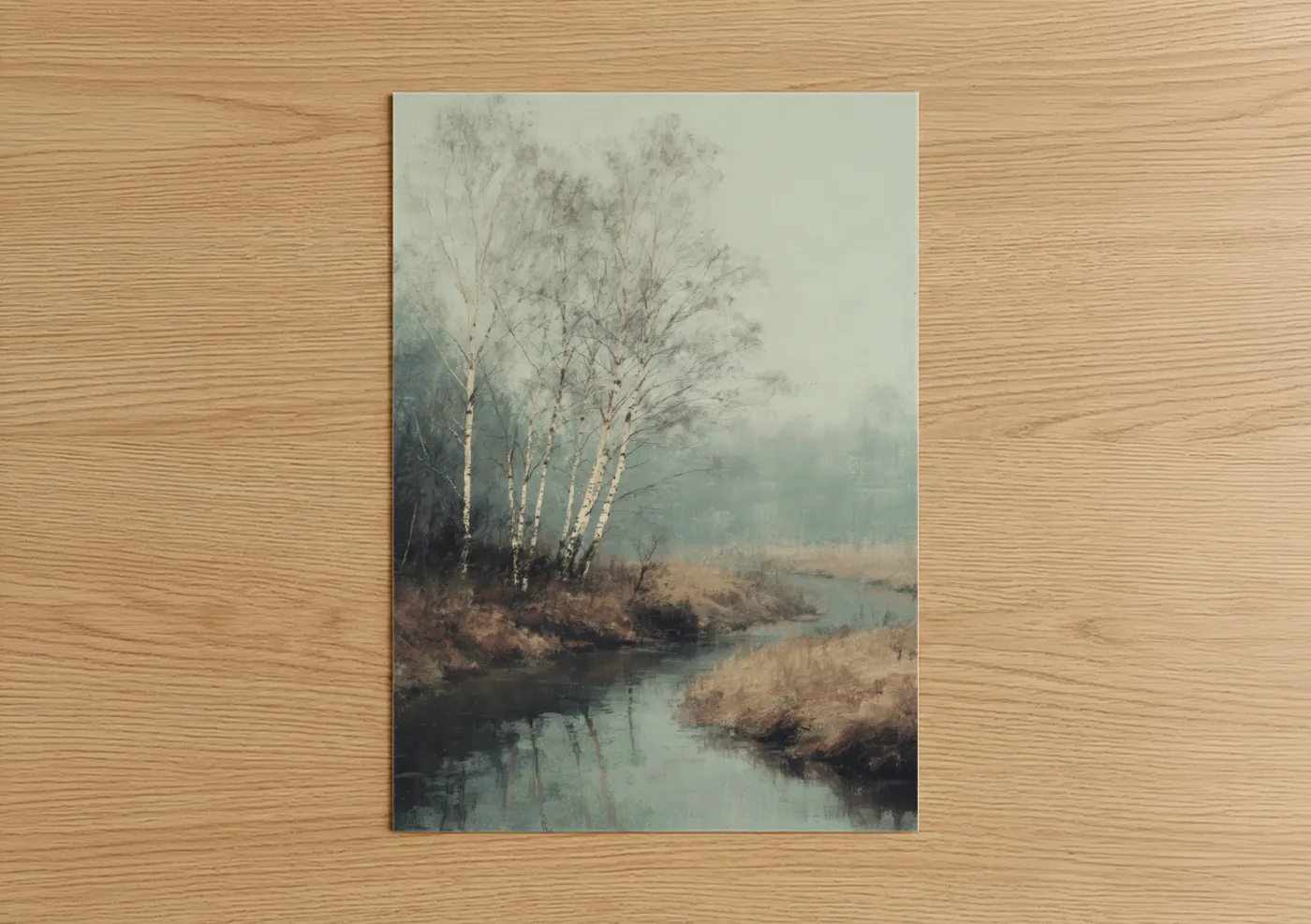 Misty Birch Trees Riverside Landscape Wall Art