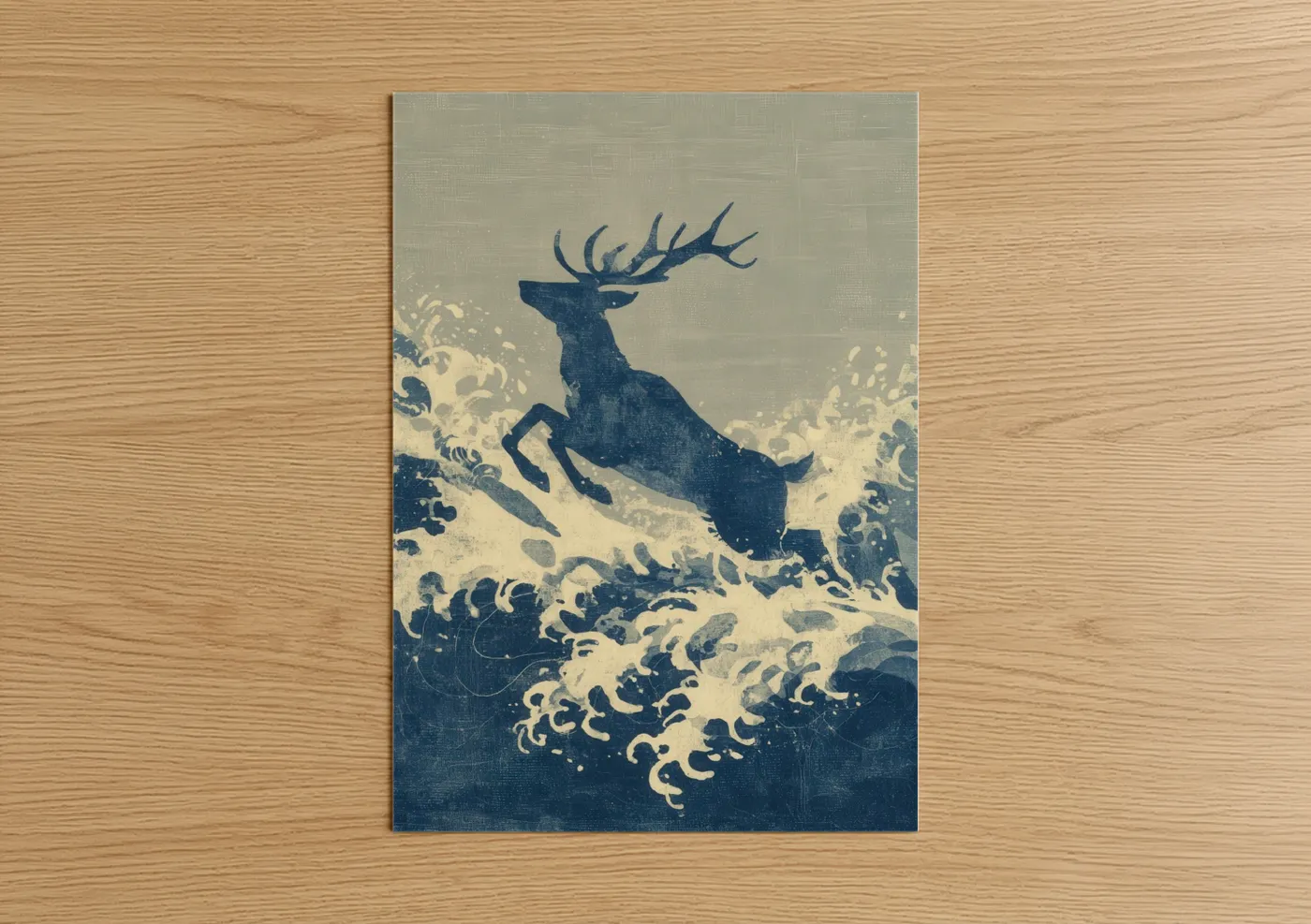 Art print on warm oak wood — dark blue and cream palette — Leaping Reindeer poster