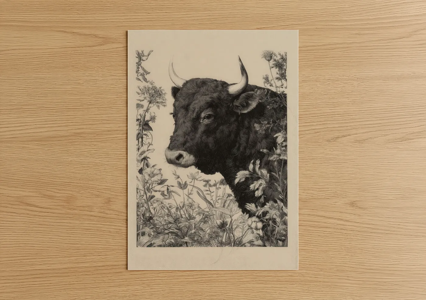 Highland Bull Portrait Botanical Engraving Wall Art