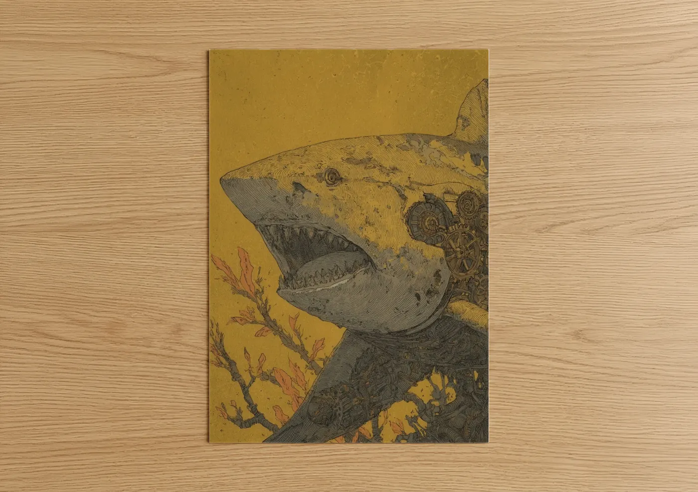 Art print on warm oak wood — gold and black and white palette — Steampunk Lemon Shark poster