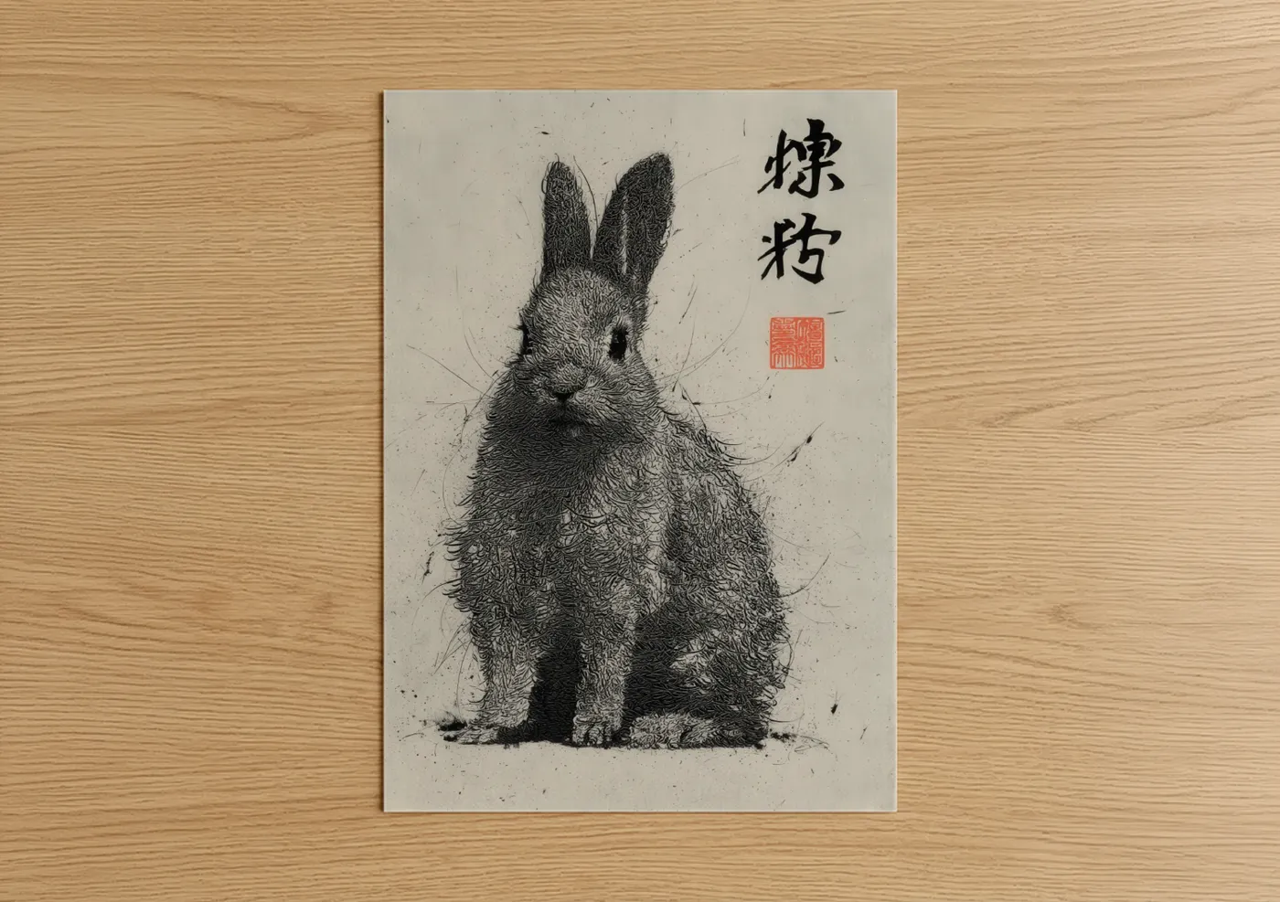 Art print on warm oak wood — black and white and cream palette — Contemplative Rabbit poster