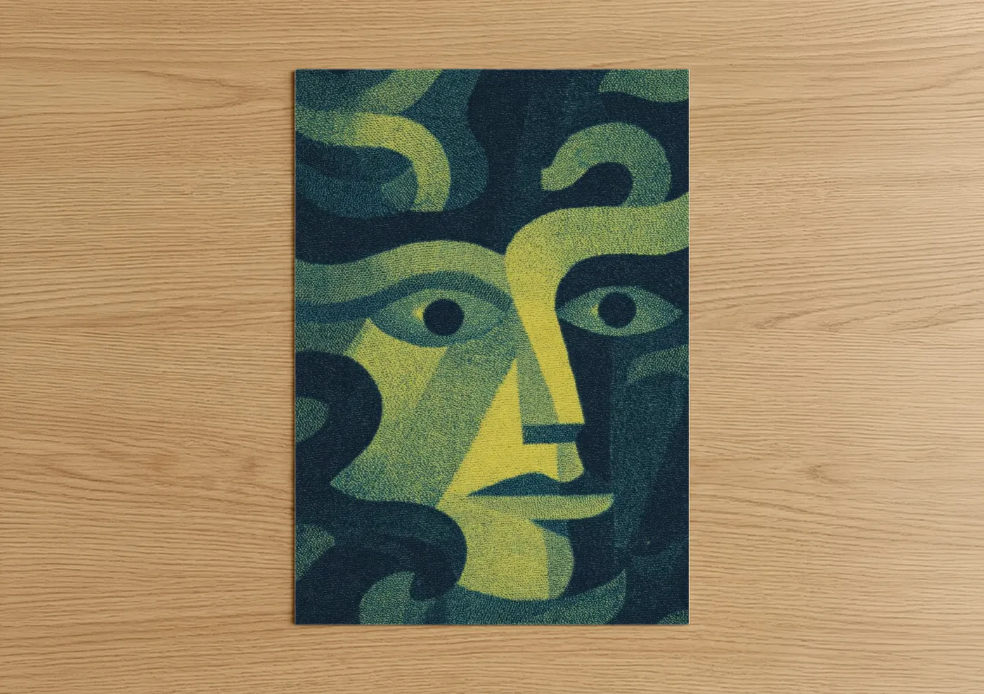 Art print on warm oak wood — yellow gold and dark blue palette — Ancient Medusa poster