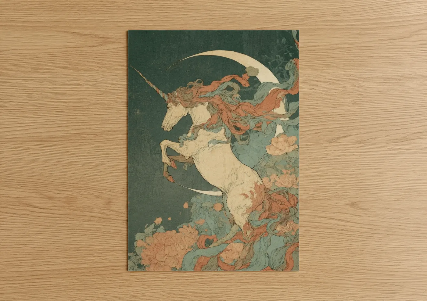 Unicorns art print on warm oak wood — dark green and peach palette — Celestial Unicorn poster