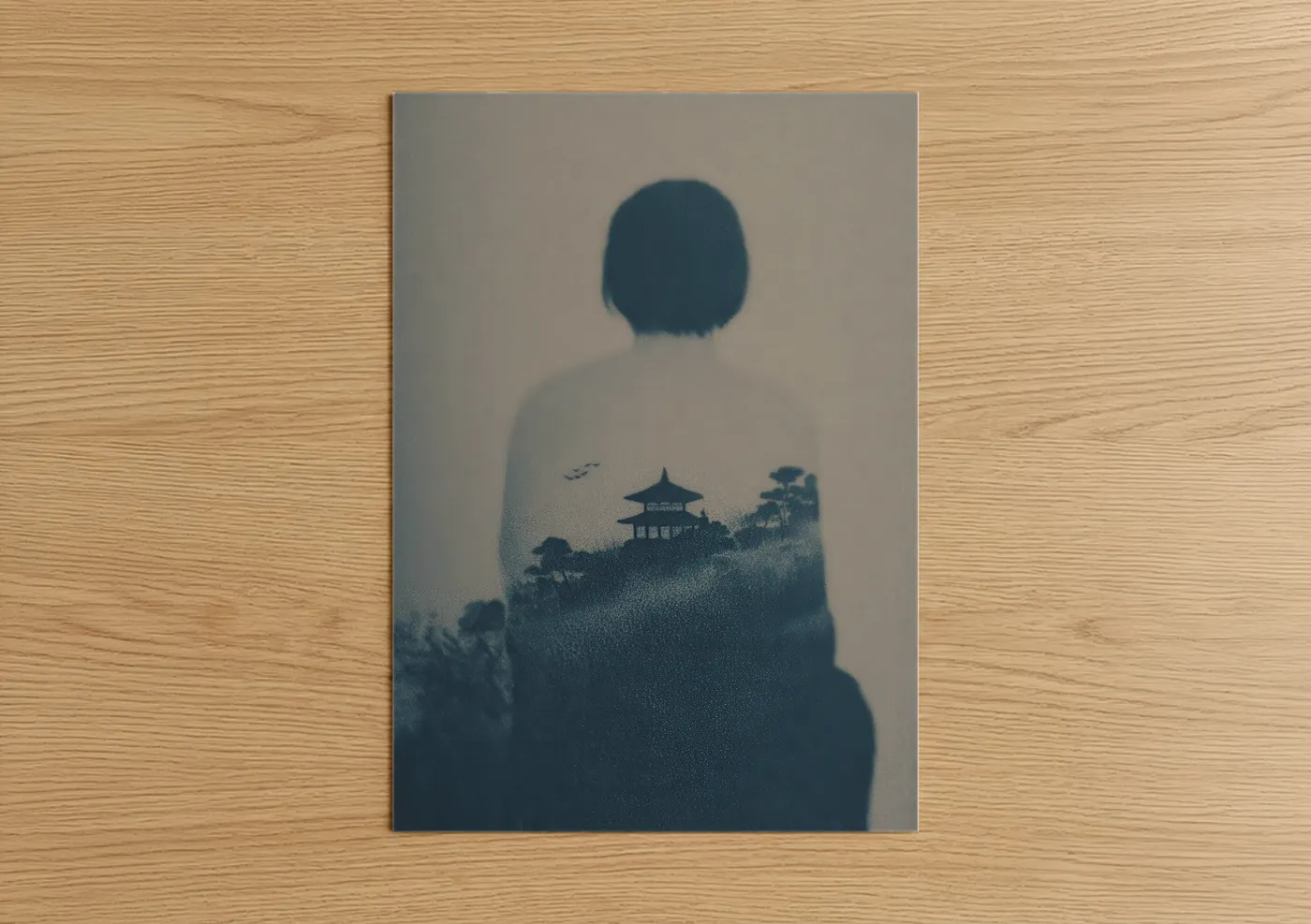 Body art art print on warm oak wood — dark blue and gray and white palette — Contemplative Silhouette poster
