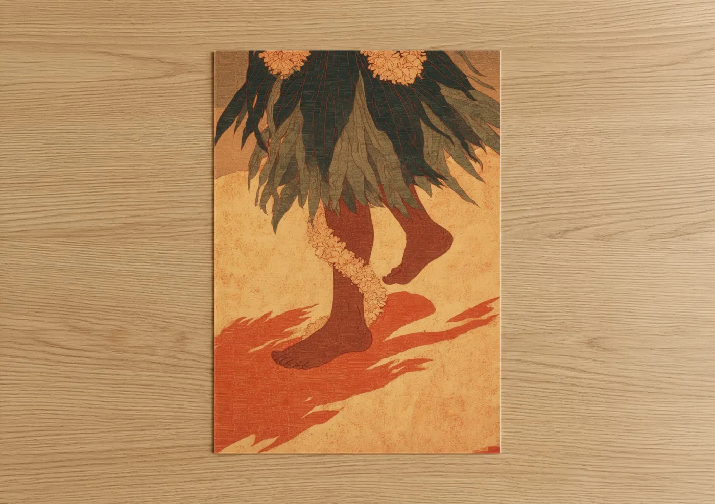 Art print on warm oak wood — gold and russet palette — Tropical Hula Dancer poster