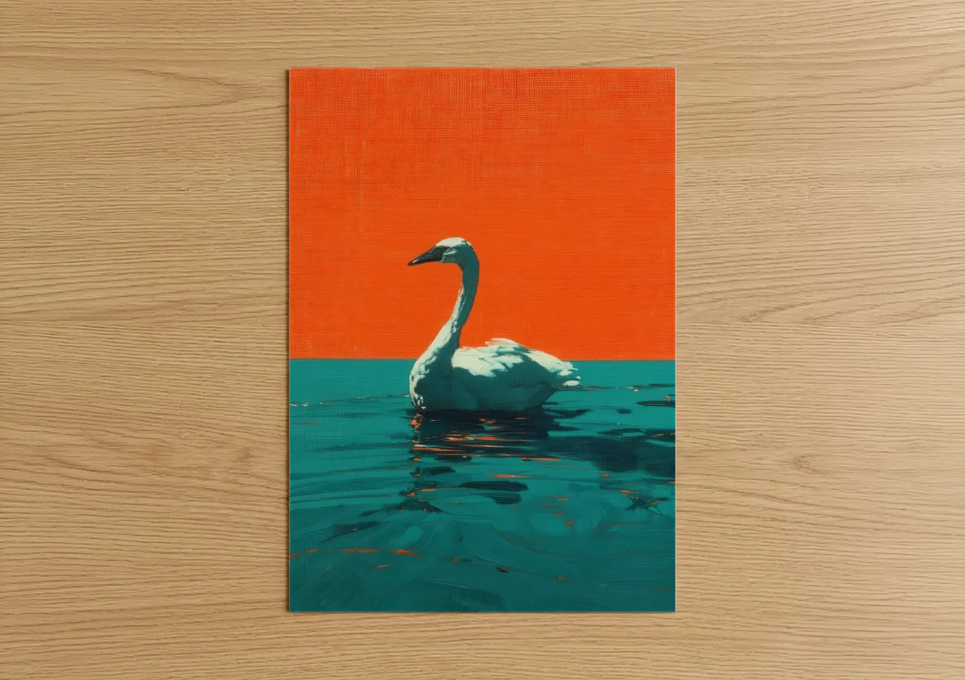 Elegant Swan Teal Water Orange Sky Wall Art
