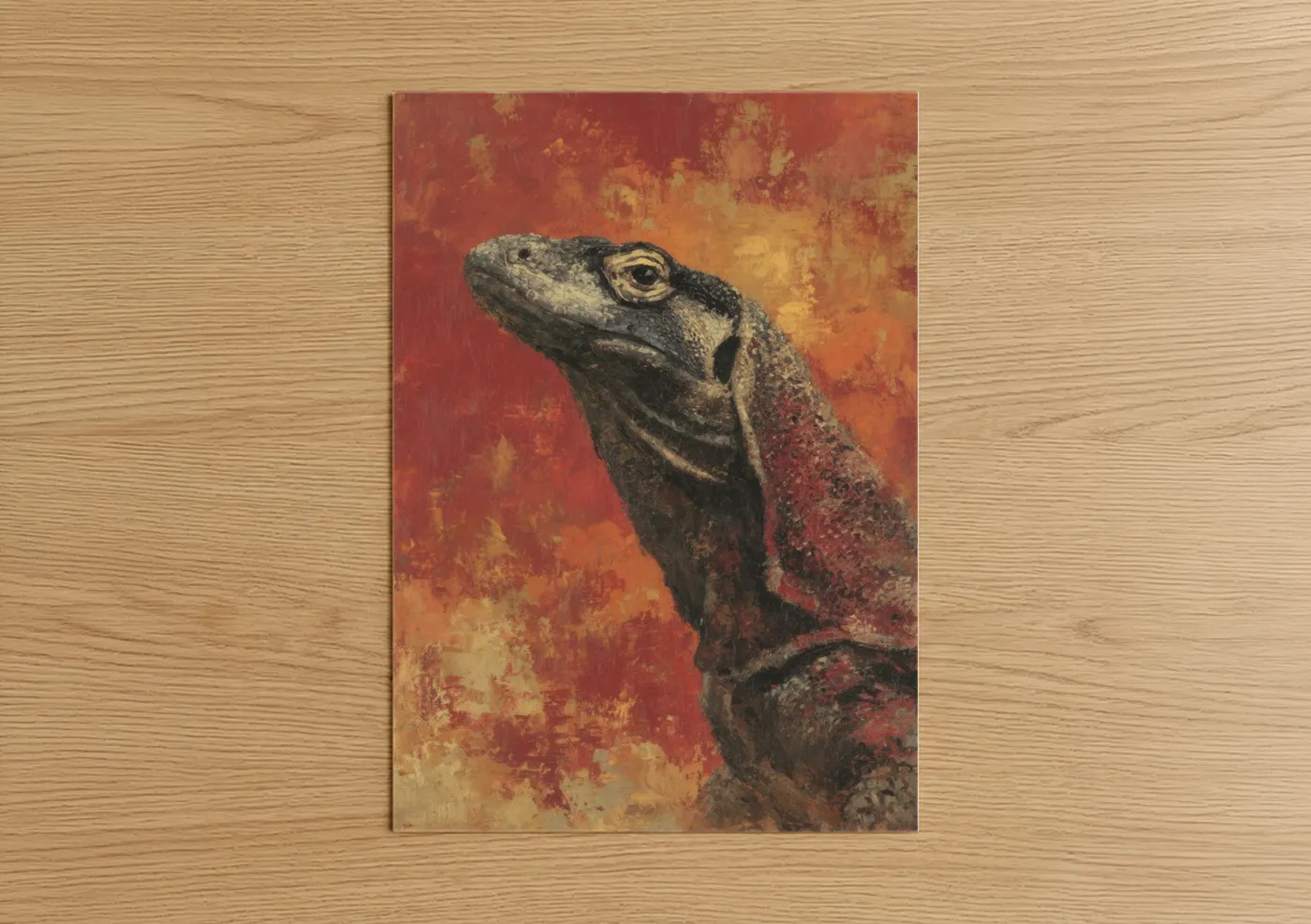 Art print on warm oak wood — red and gold palette — Crimson Lizard poster