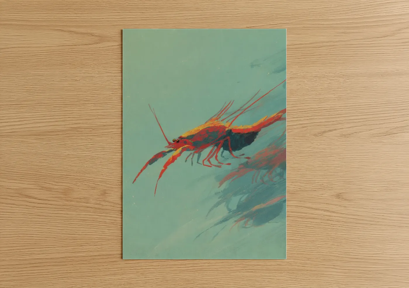Art print on warm oak wood — teal and red palette — Crimson Crayfish poster
