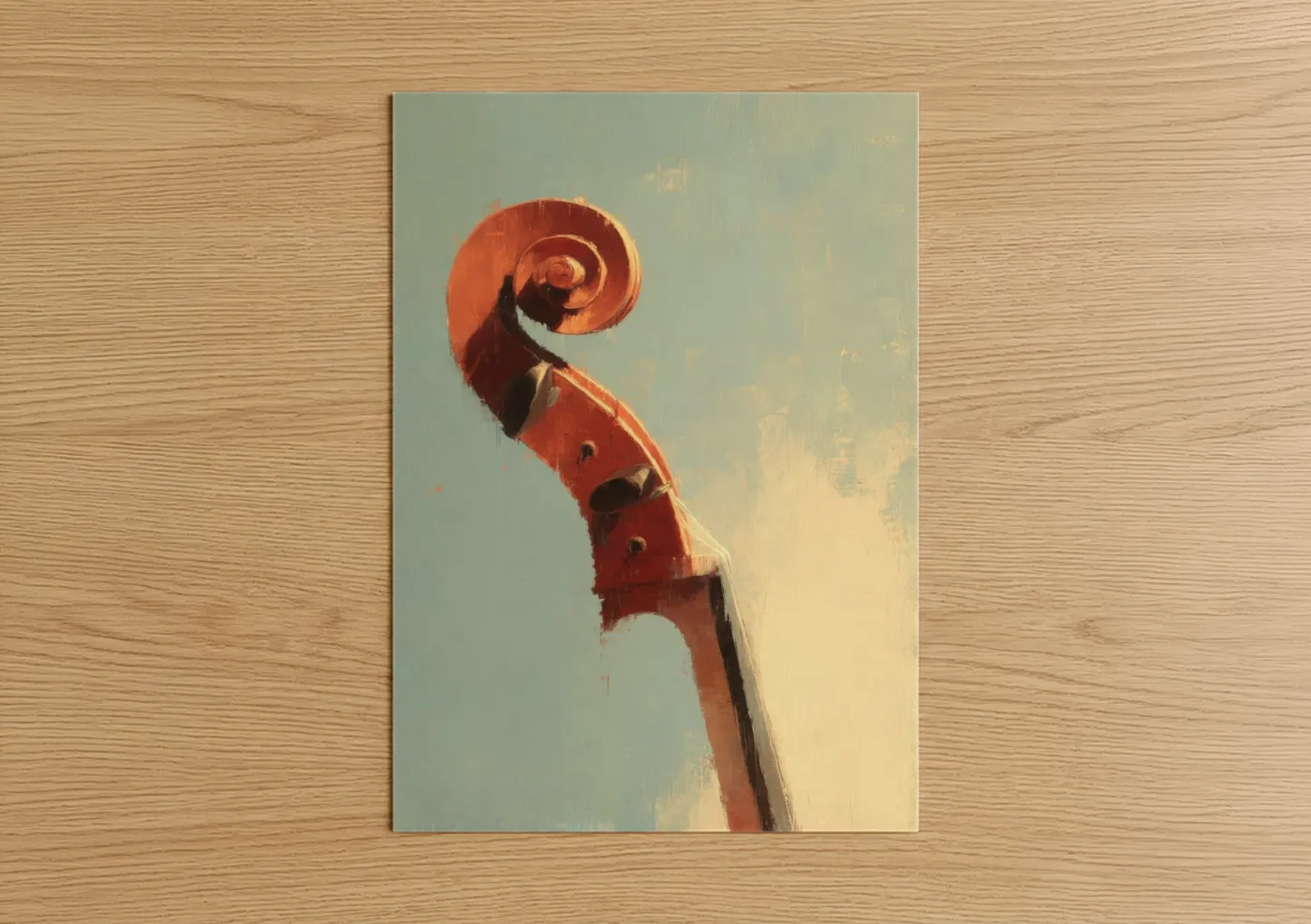 Art print on warm oak wood — red and gold palette — Crimson Cello poster