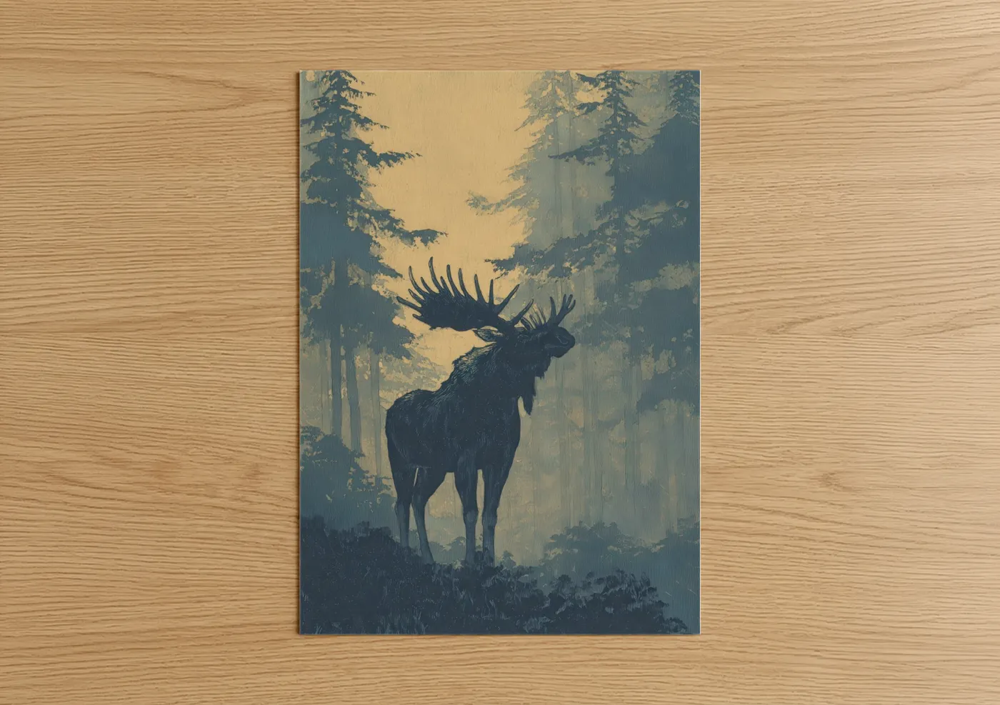 Moose in Misty Pine Forest Silhouette Wall Art
