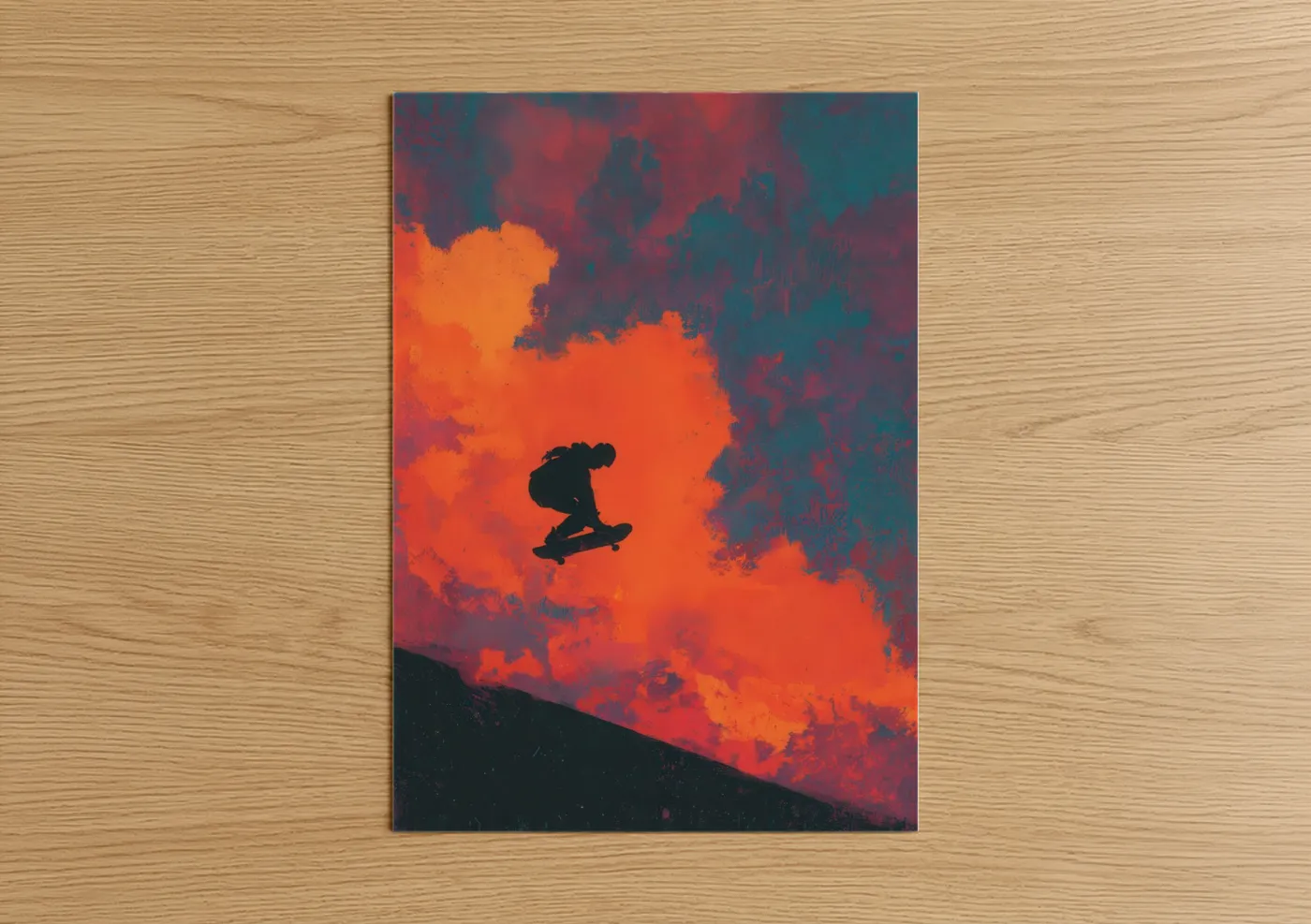 Skateboarding art print on warm oak wood — orange and teal palette — Inferno Skateboarder poster