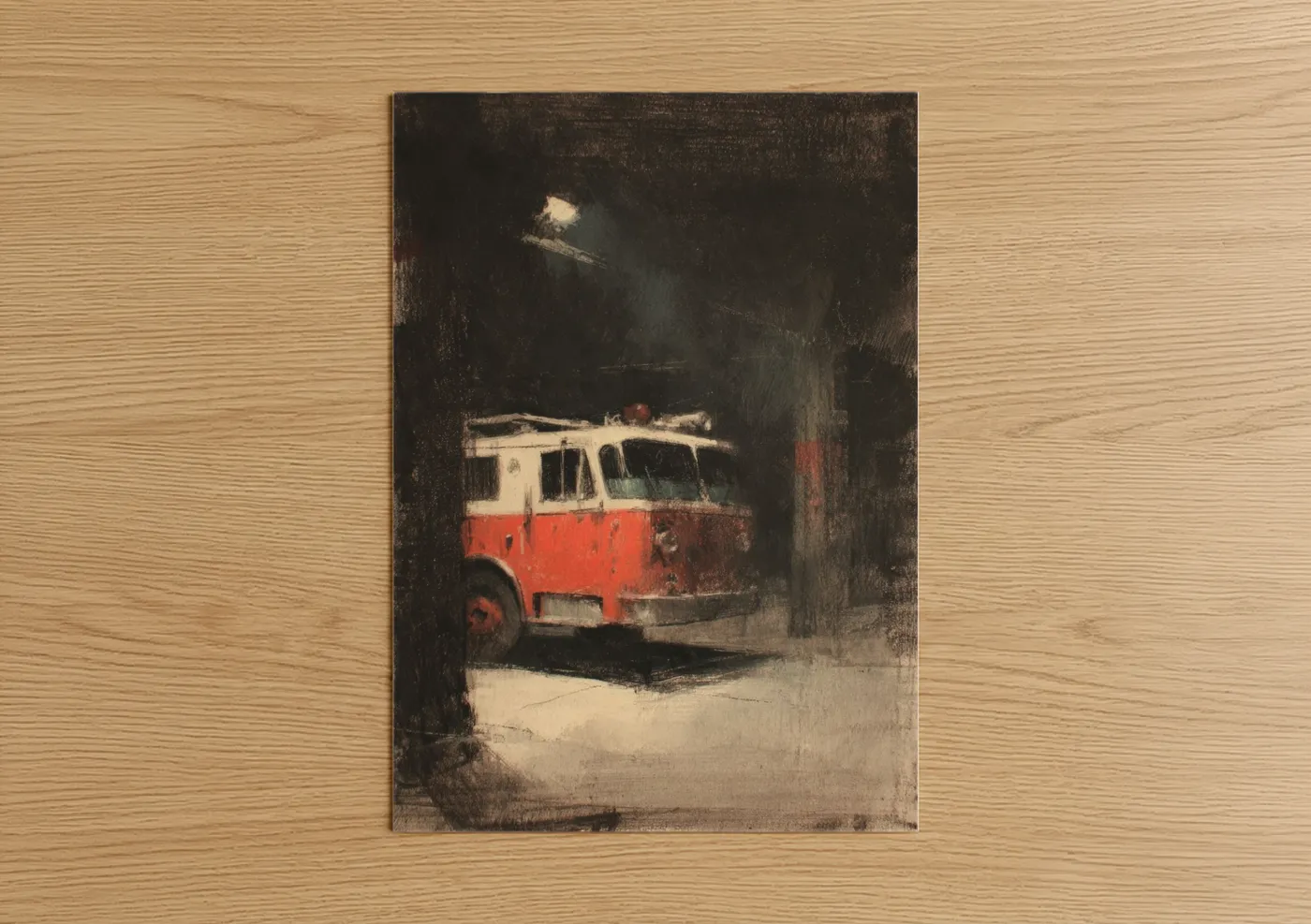 Art print on warm oak wood — red and black palette — Vintage Fire Engine poster