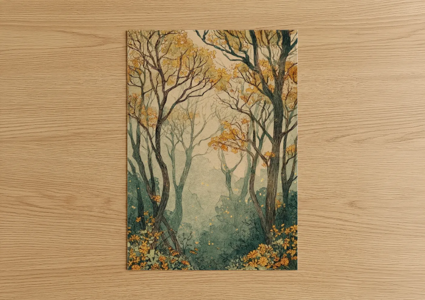 Golden Autumn Forest Watercolor Wall Art