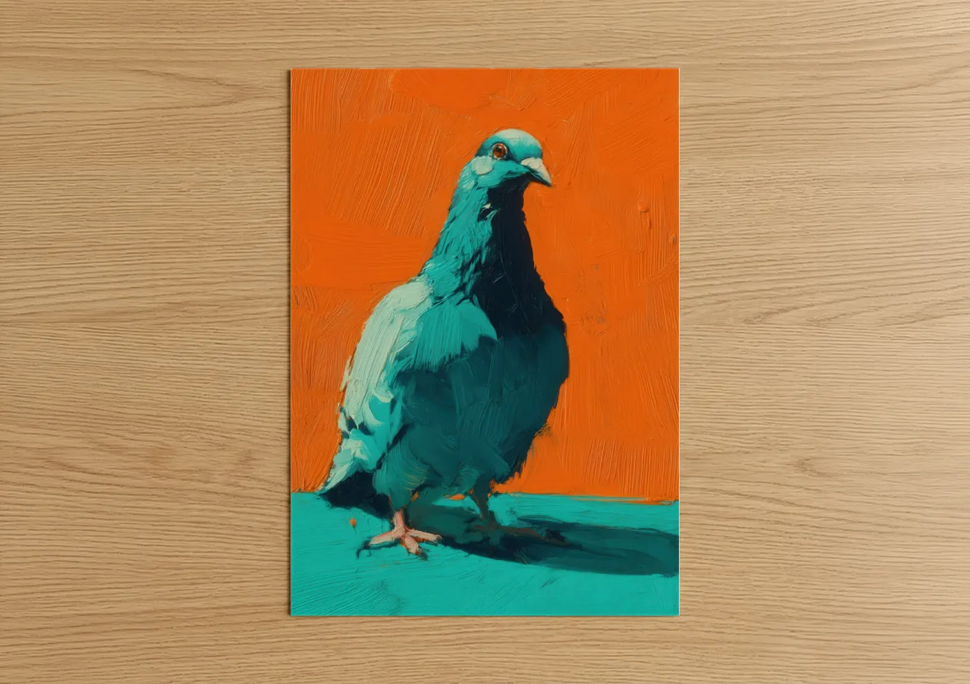 Art print on warm oak wood — teal and orange palette — Turquoise Pigeon Portrait poster