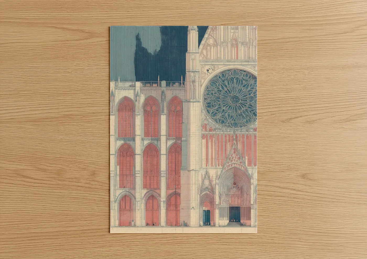 Art print on warm oak wood — cream and teal palette — Amiens Cathedral Facade poster
