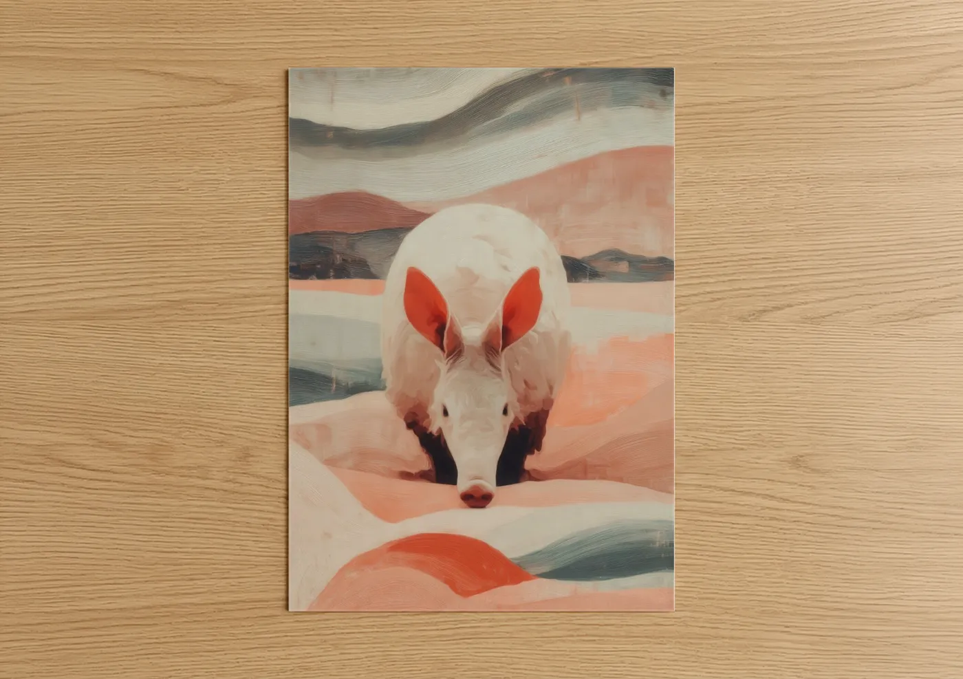 Art print on warm oak wood — peach and cream palette — Desert Aardvark poster