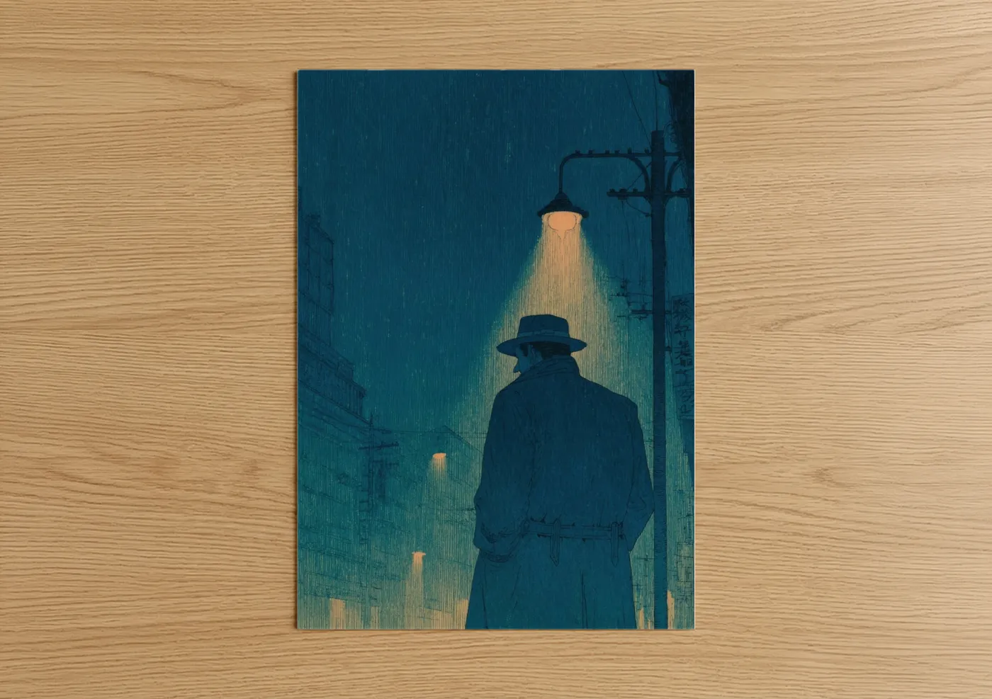 Vintage Detective in Rain Noir Illustration Wall Art