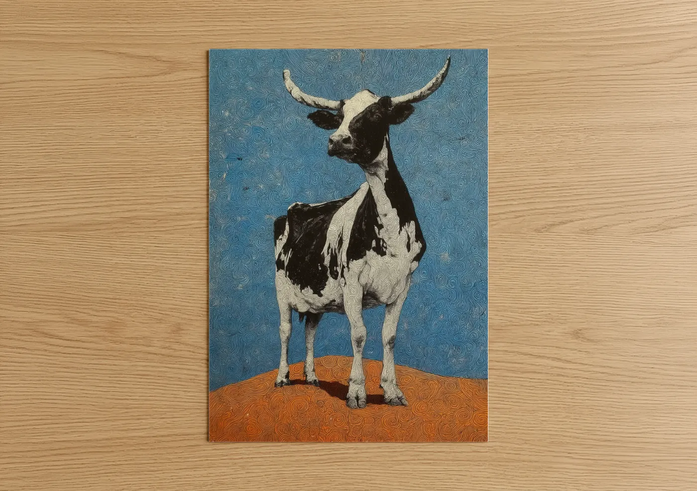 Art print on warm oak wood — blue and pumpkin palette — Proud Jersey Cow poster