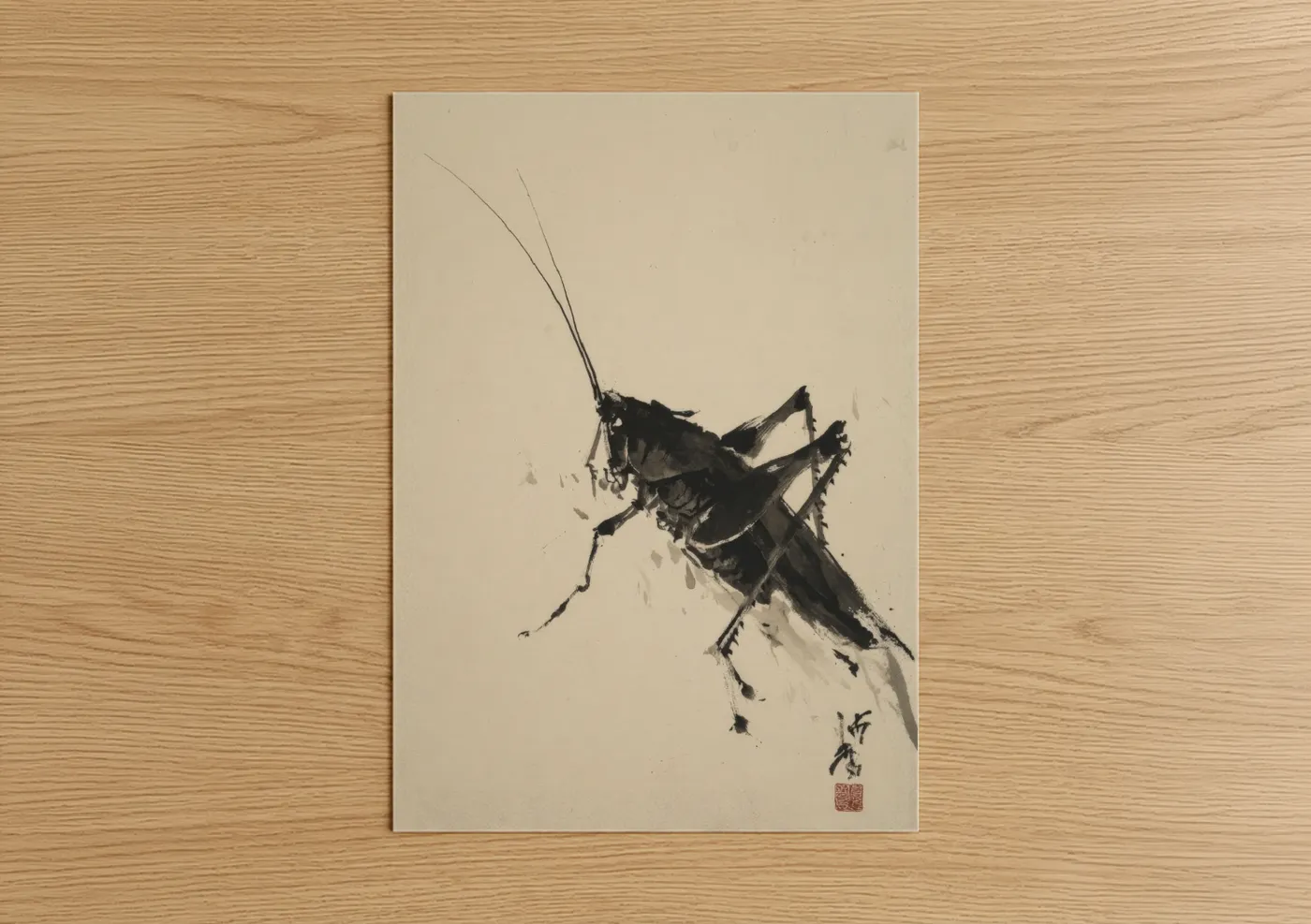 Minimalist Grasshopper Ink Painting Wall Art