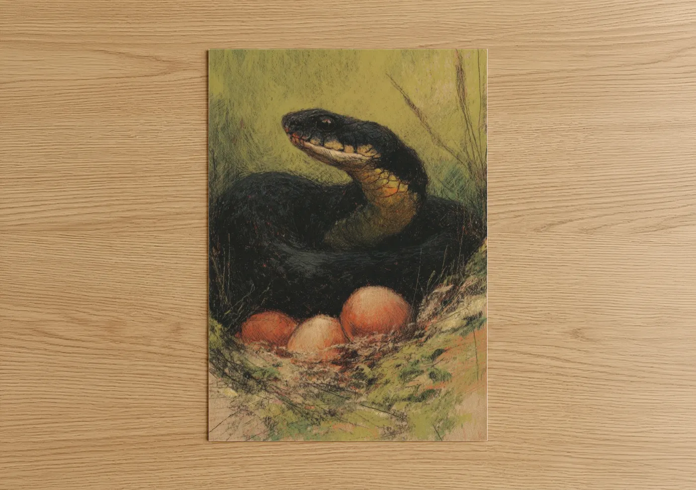 Art print on warm oak wood — gold and dark green palette — Nesting Cobra poster