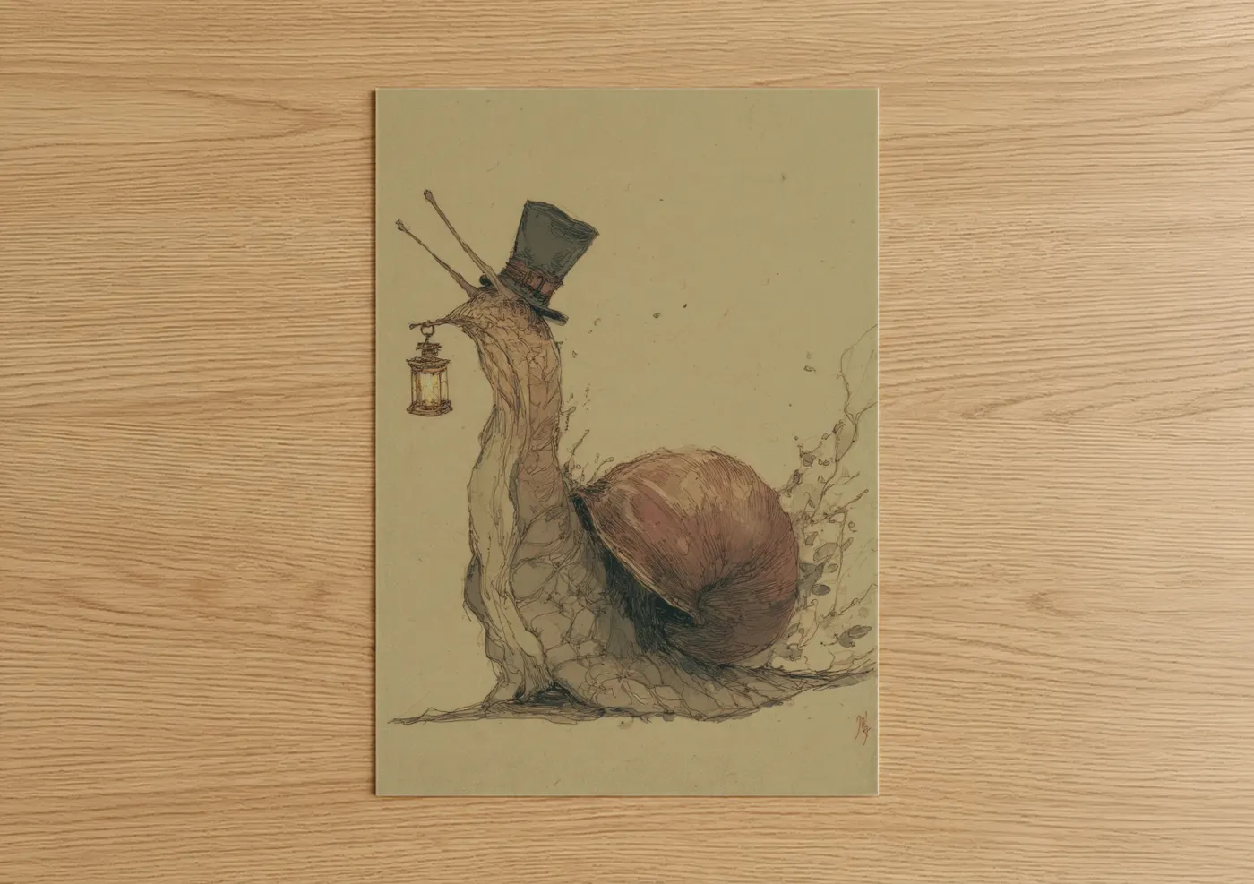 Art print on warm oak wood — beige and russet palette — Gentleman Snail poster