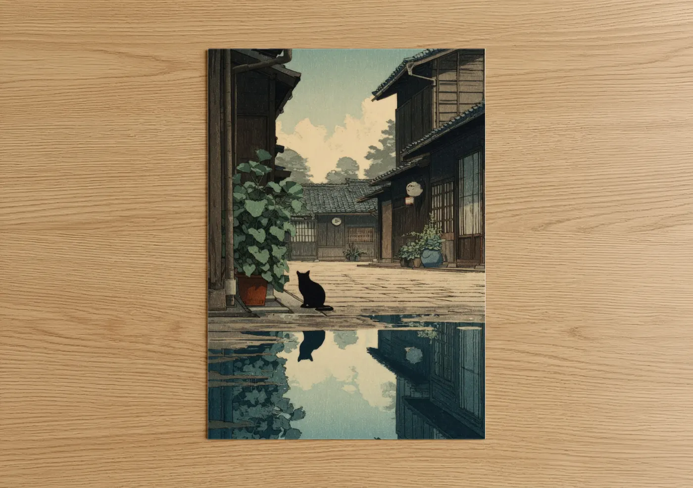 Black Cat Japanese Courtyard Art Wall Art