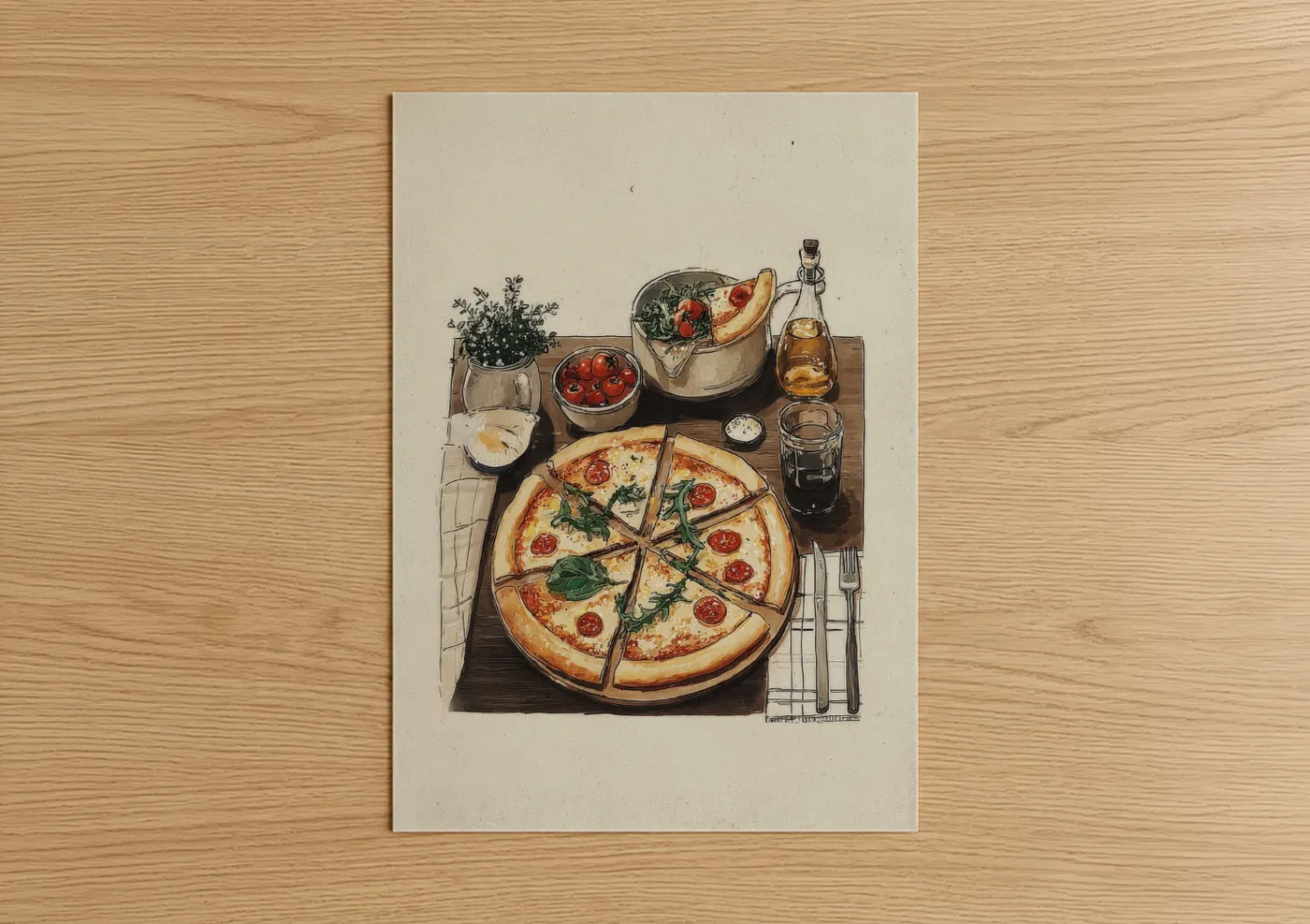 Margherita Pizza Illustration Table Setting Wall Art