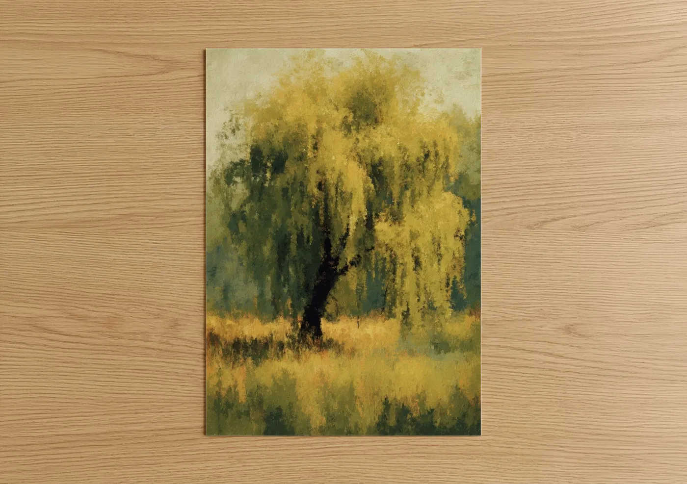Willow tree art print on warm oak wood — yellow gold and sage green palette — Golden Willow poster