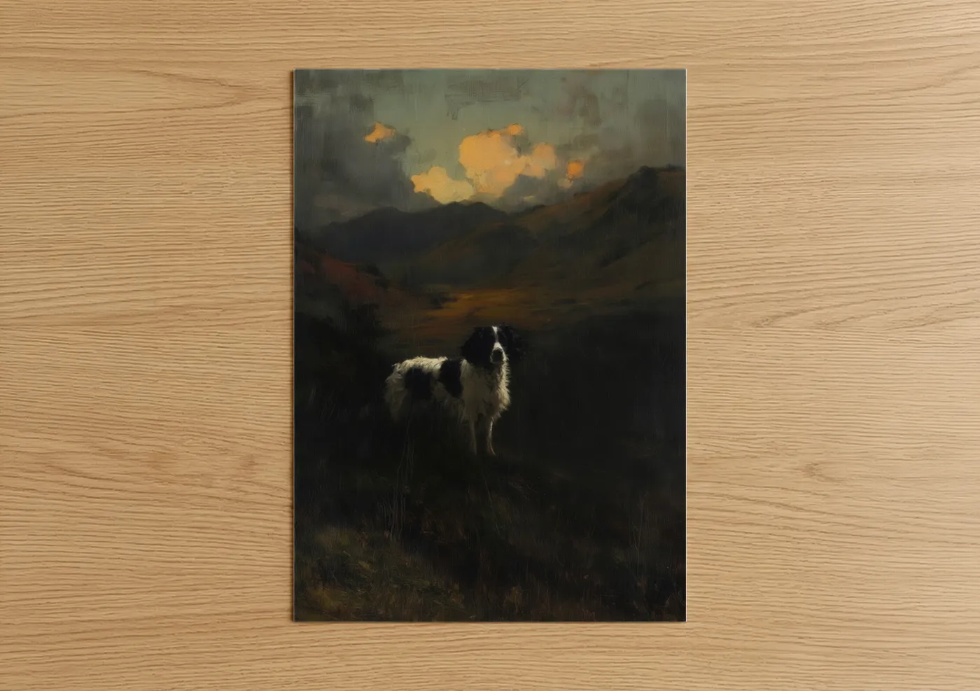 Art print on warm oak wood — gold and brown palette — Alpine Spaniel poster