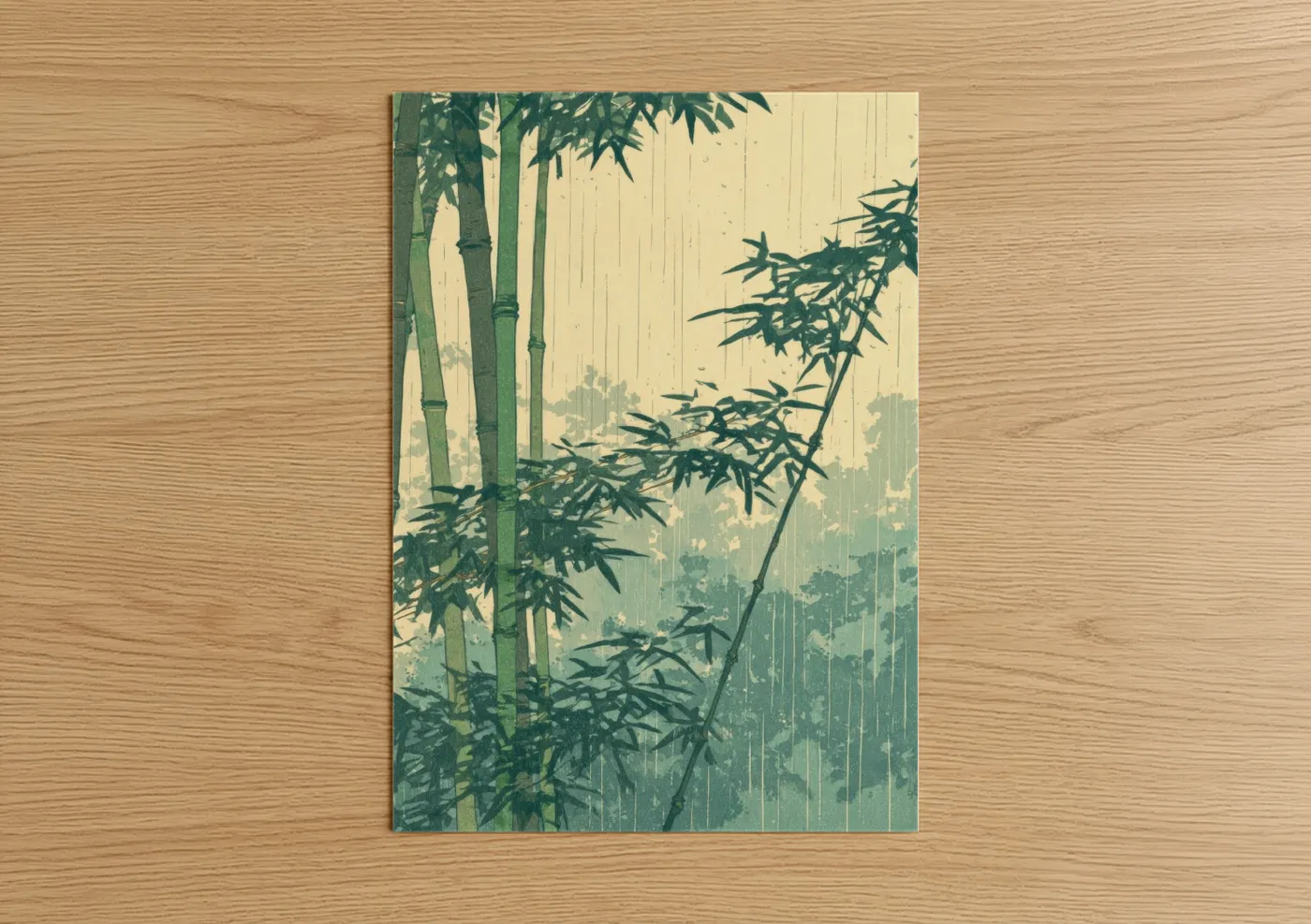 Art print on warm oak wood — green and cream palette — Misty Bamboo Grove poster