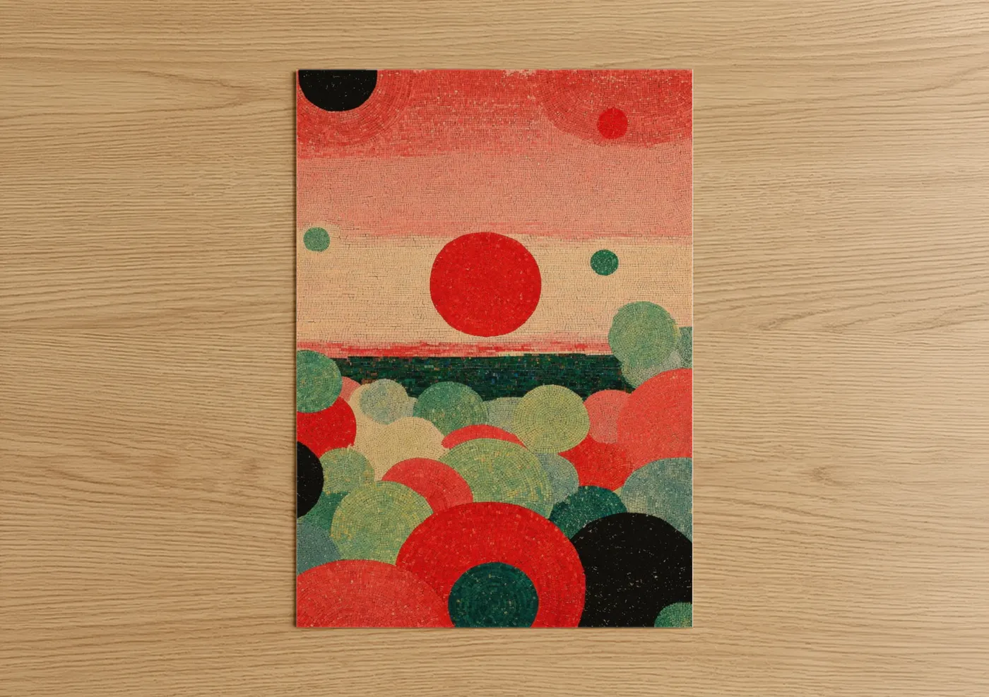 Juneteenth art print on warm oak wood — red and true green palette — Crimson Celebration poster